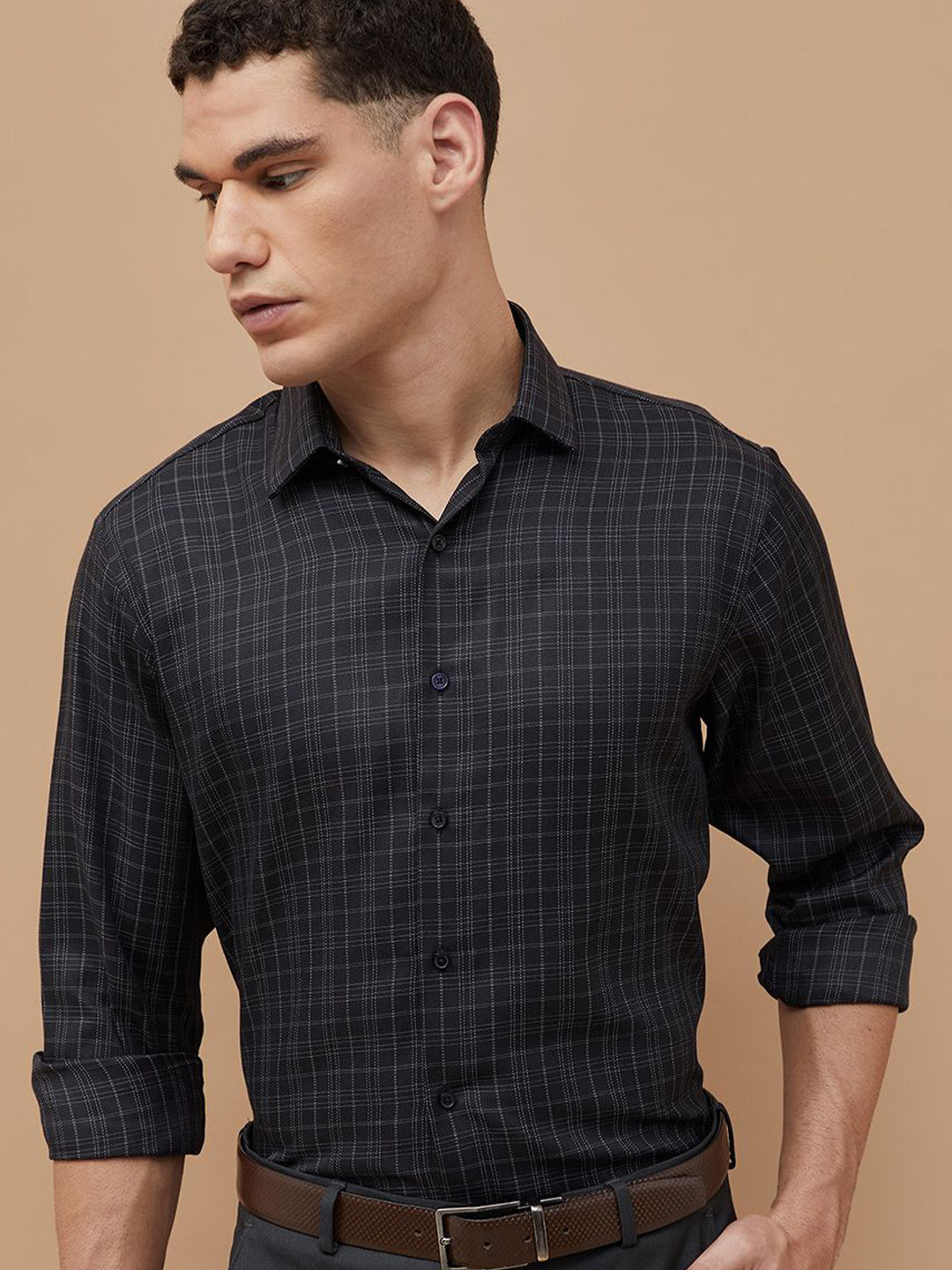 CODE by Lifestyle Checked Printed Spread Collar Regular Fit Cotton Semiformal Shirt