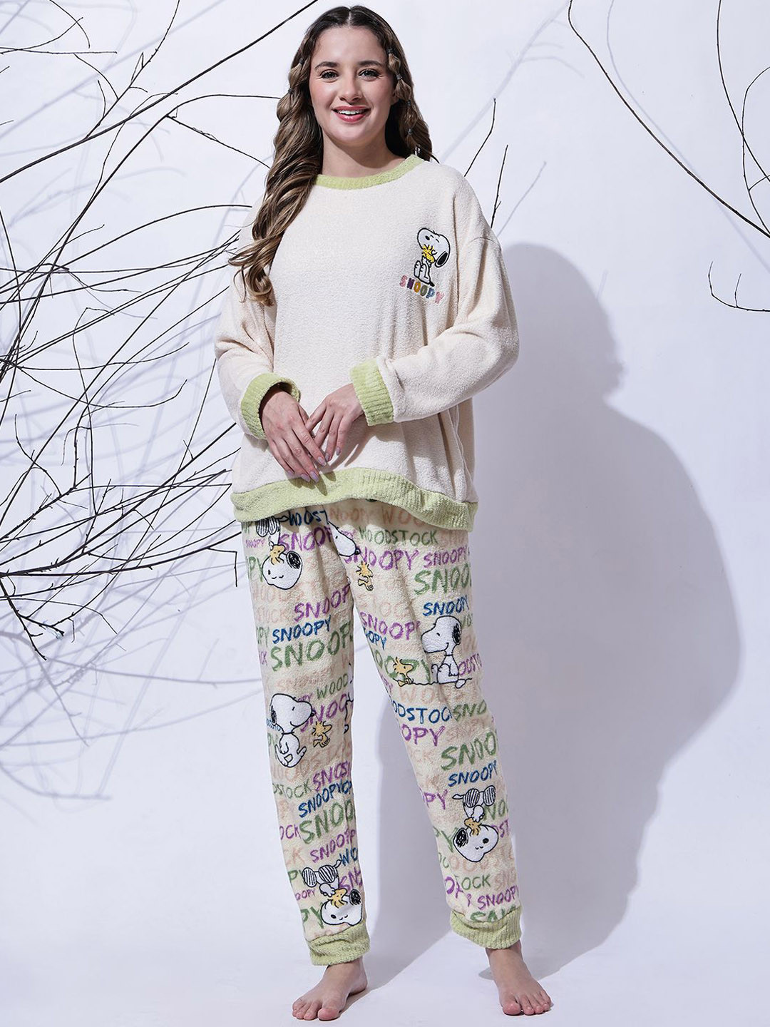 NEUDIS Women Bear Embroidered Top and Printed Joggers Round Neck Woolen Fur Night suit