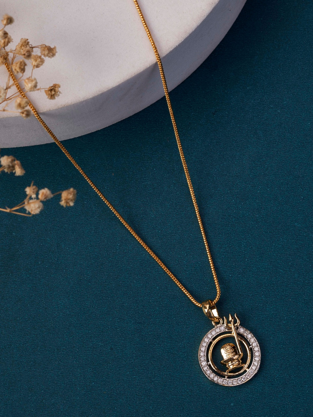 Opal Touch Gold-Plated Cubic Zirconia Studded Temple Pendant With Chain