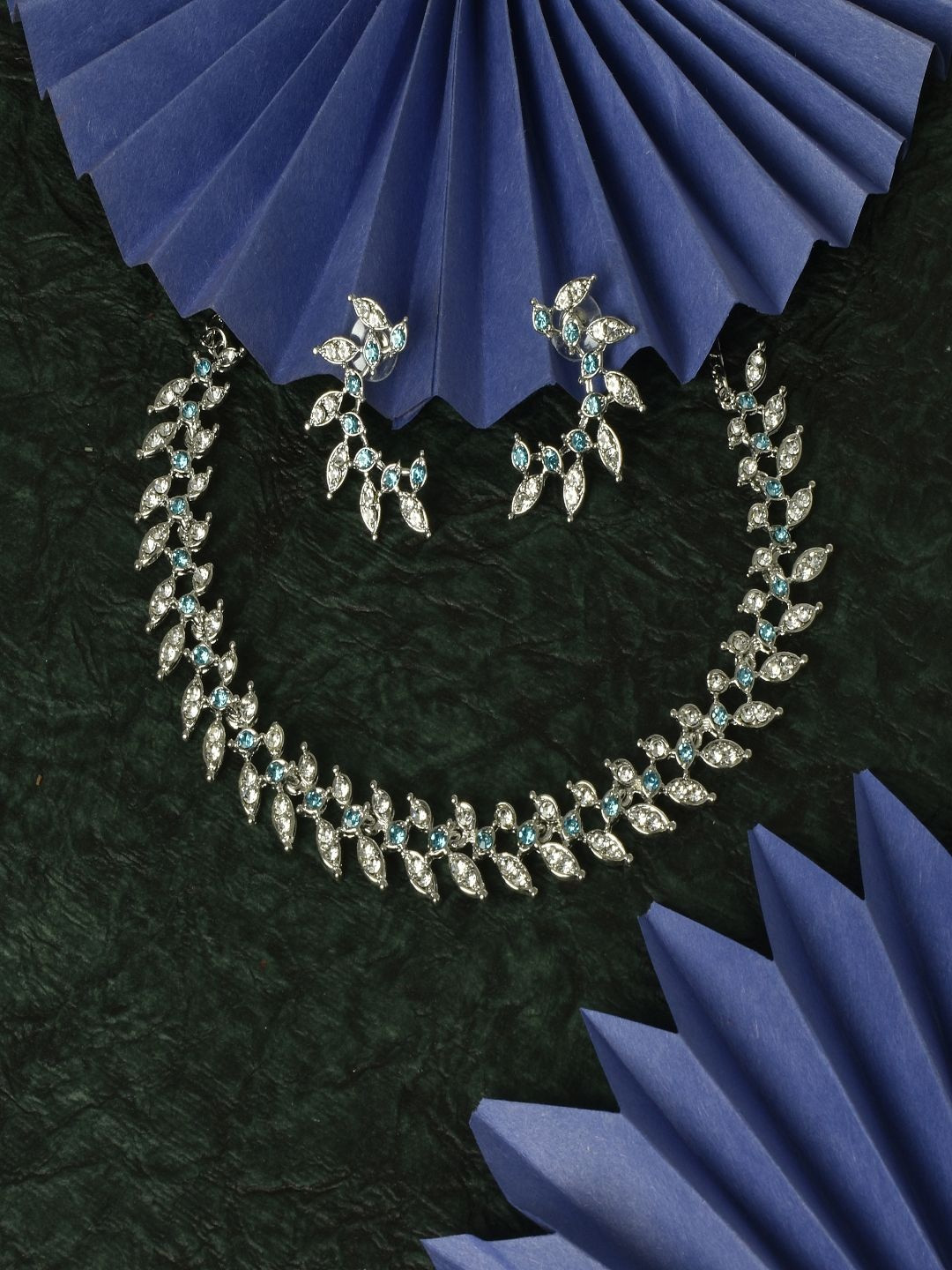 Anxvi Elegant Rhodium-Plated Blue Stone Necklace Set with Matching Earrings