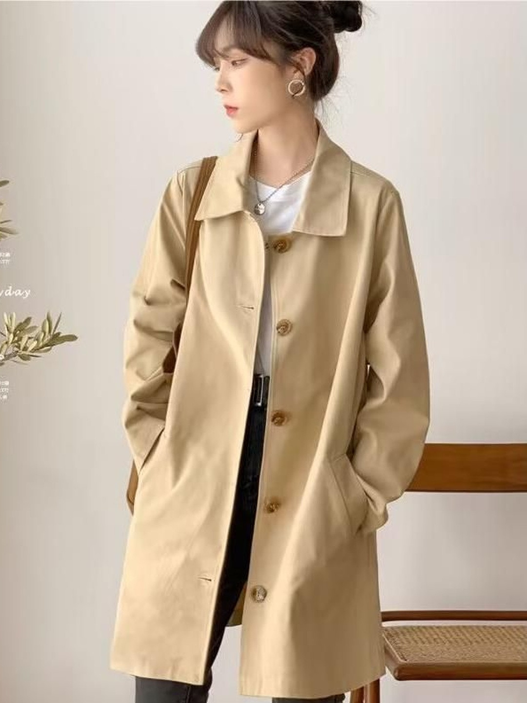 HERE&NOW Women Khaki Solid Spread Cotton Collar Long Sleeves Longline Coat