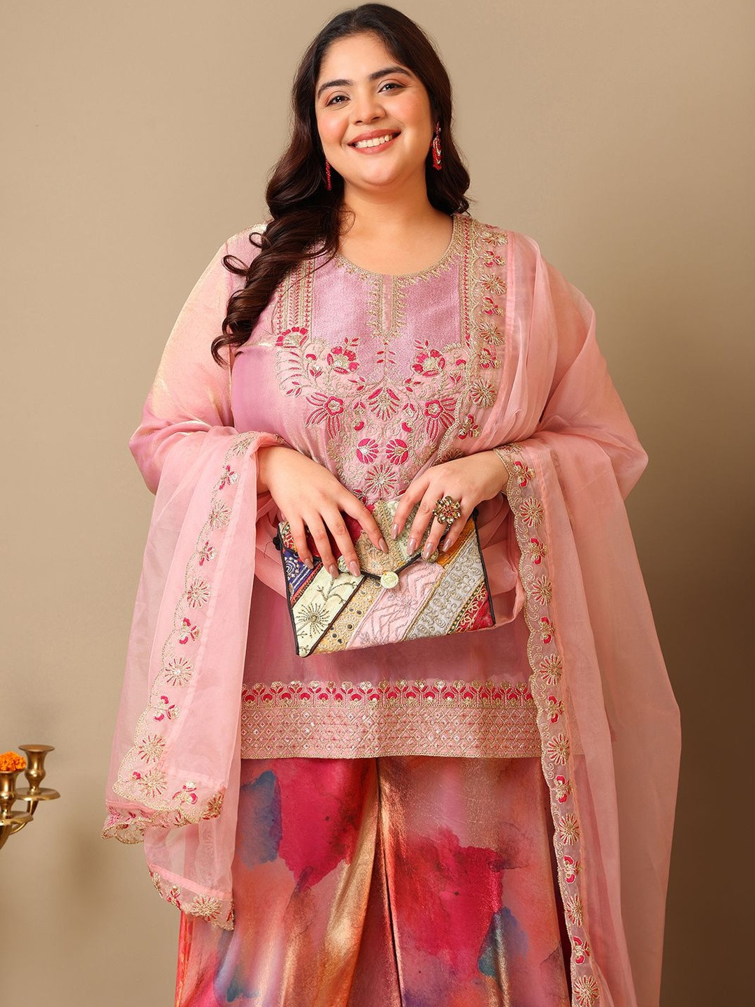 INDDUS PLUS Plus Size Women Zari Thread Embroidered Crushed Organza Kurta Set with Dupatta