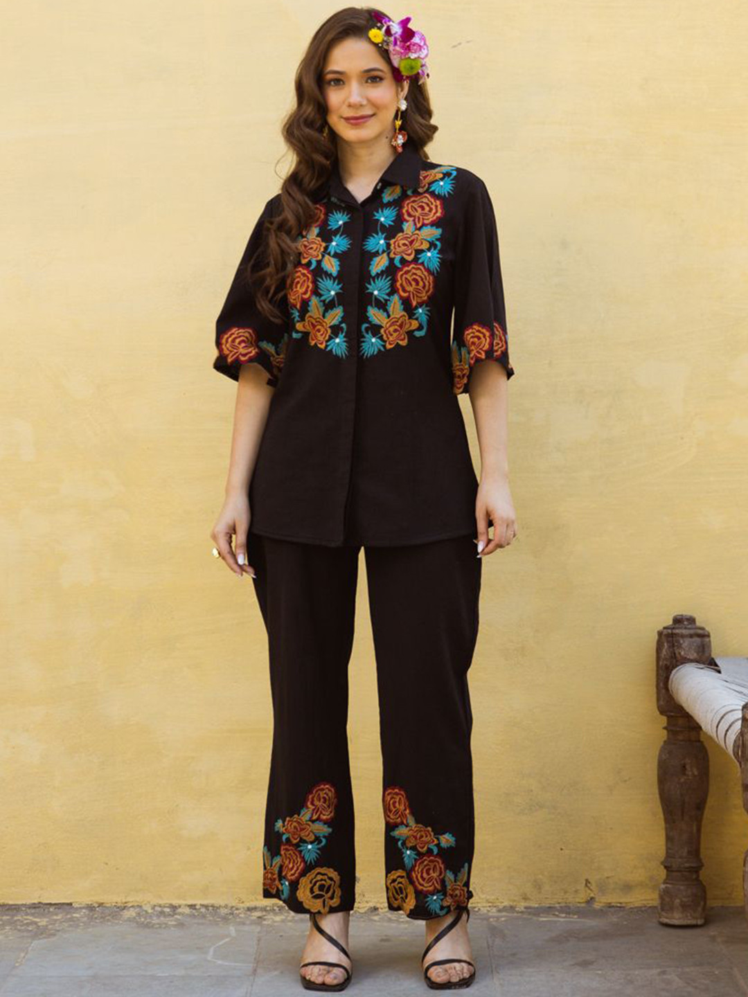 Aadews Embroidered Shirt Collar Pure Cotton Shirts And Trousers