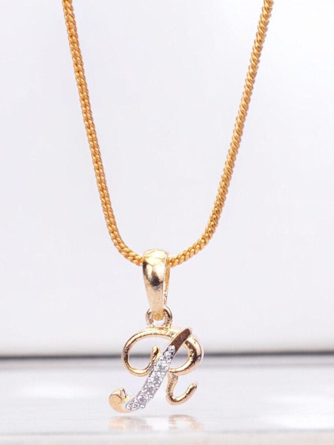 Opal Touch Gold-Plated Cubic Zirconia Studded Alphabet R Pendant With Chain