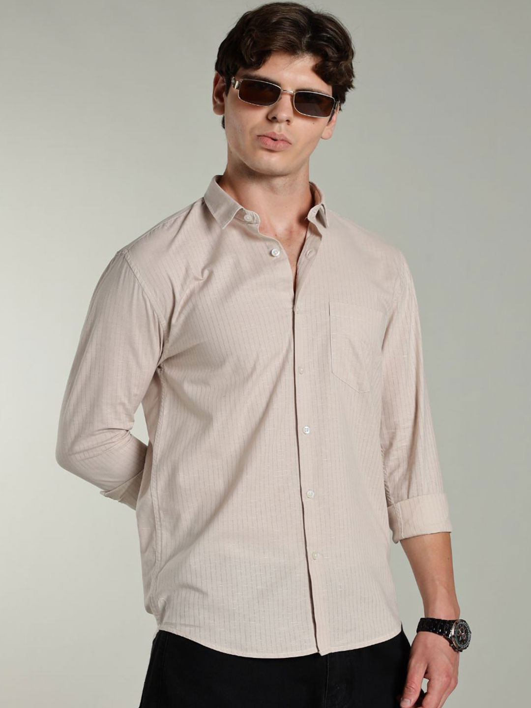 PAUL STREET Standard Slim Fit Pin Striped Cotton Linen Casual Shirt