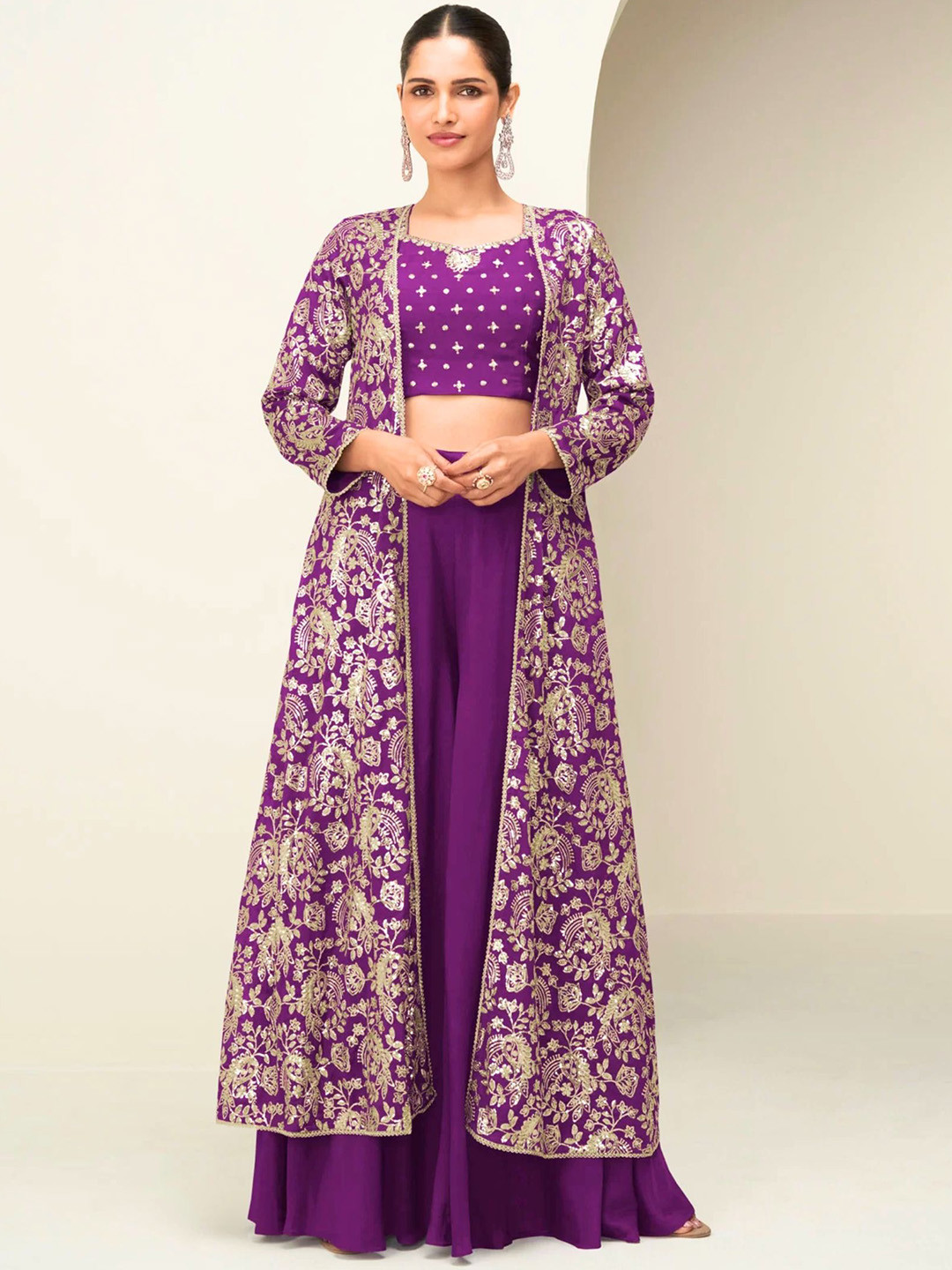 MYROR Floral Embroidered Boat Neck Sequinned Crop Top With Sharara And Jacket