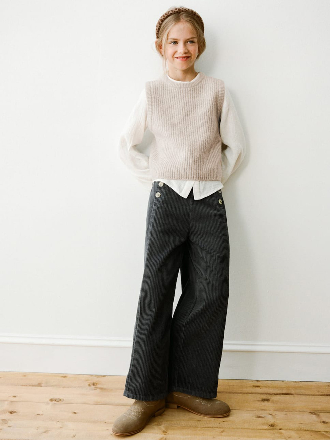 Mango Kids Girls Textured Cotton Parallel Trousers
