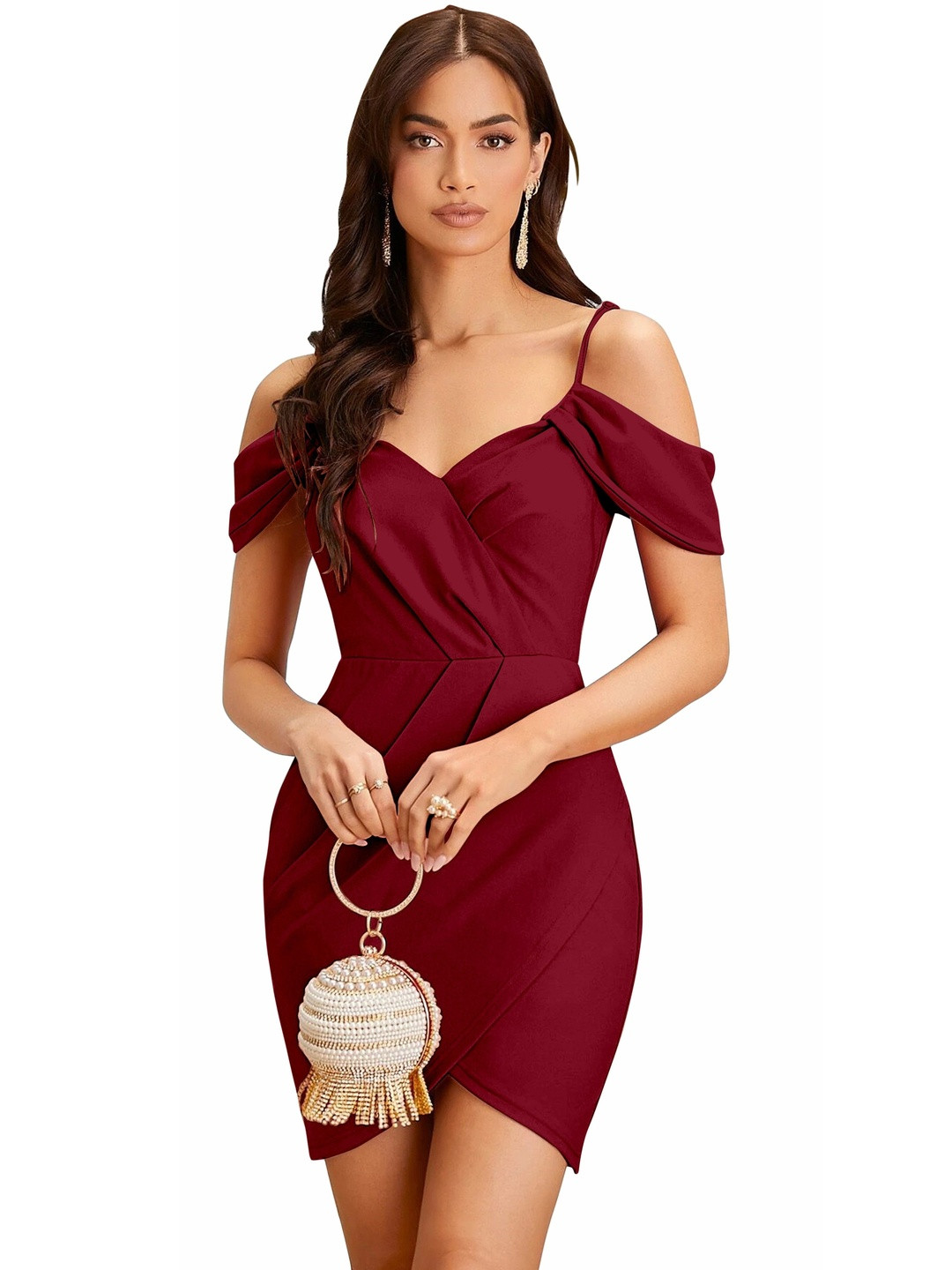 ZELZIS Women Sweetheart Neck Cold-Shoulder Sleeves A-Line Dress
