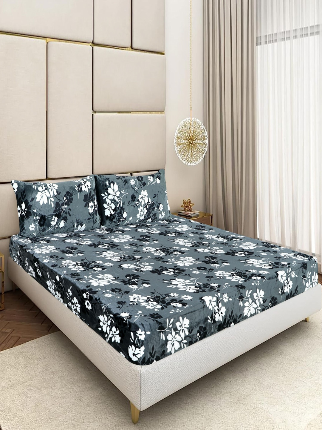 BLUEDOT Light Grey 300 TC Woolen King Size Fitted Double Bedsheet & 2 Pillow Covers