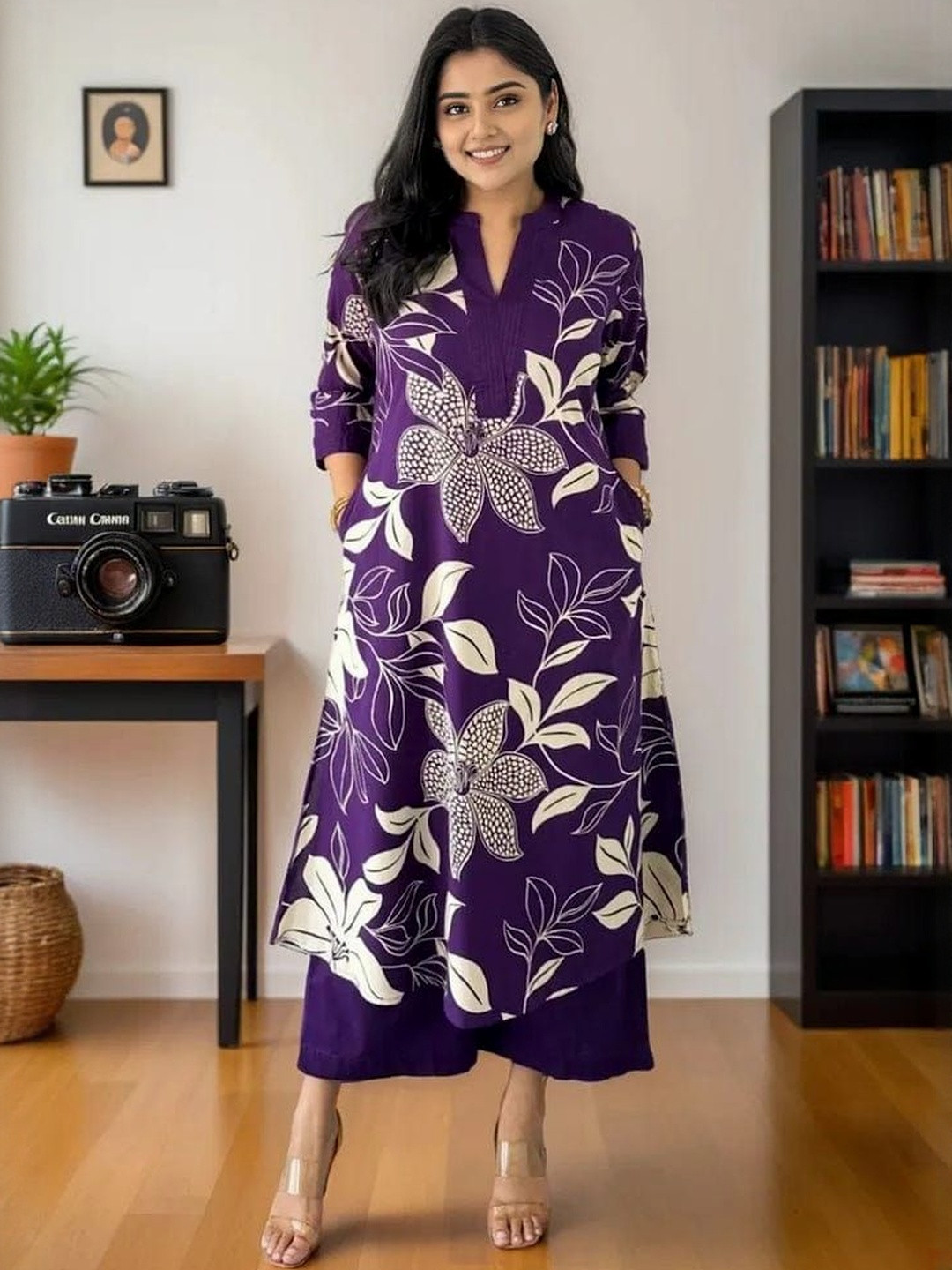 FLUXUS Floral Printed Band Collar A-Line Kurta With Palazzos