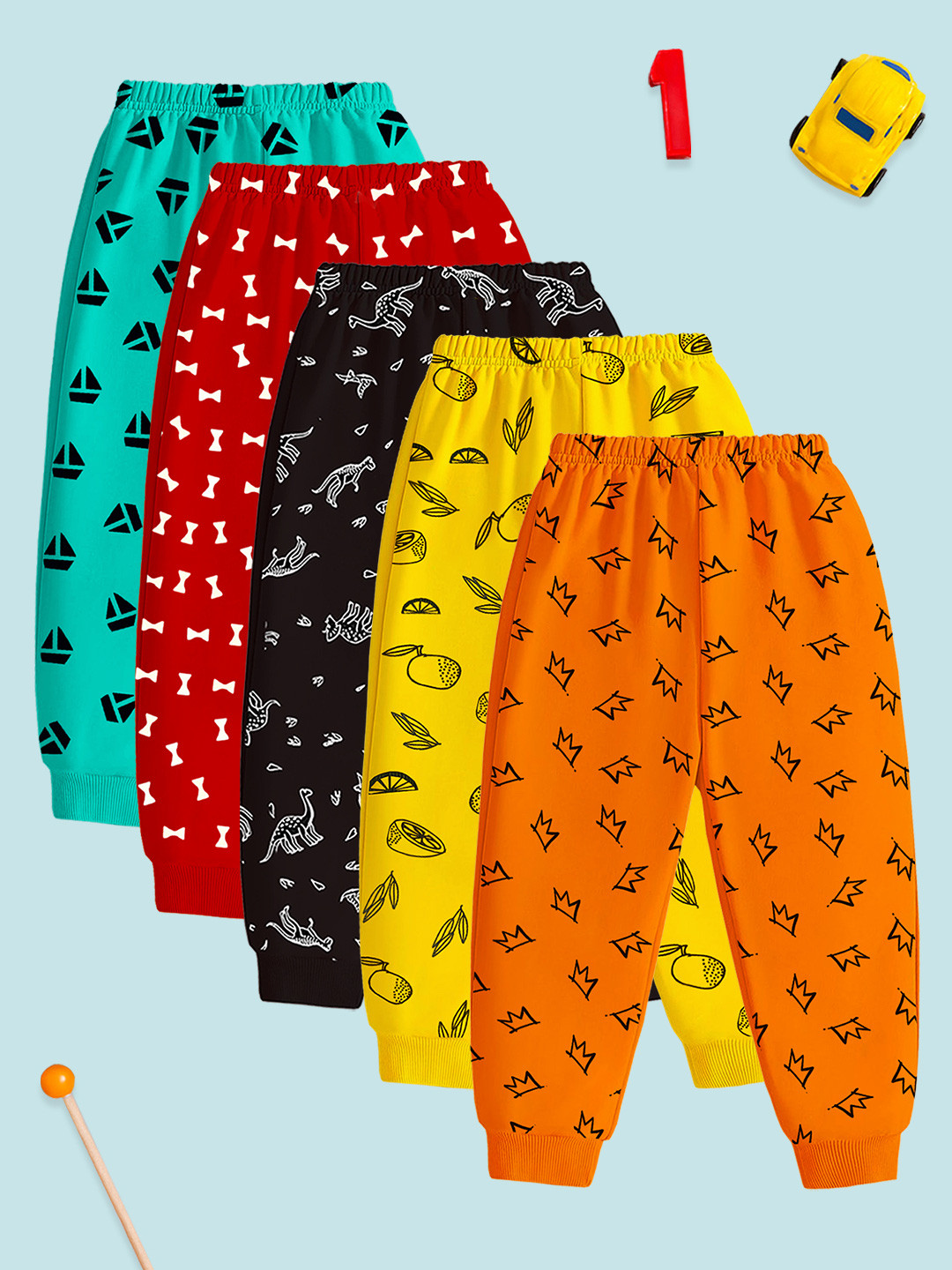 YK Boys Pack Of 5 Printed Elasticated Slip On Cotton Pyjamas With Ribbed Hem