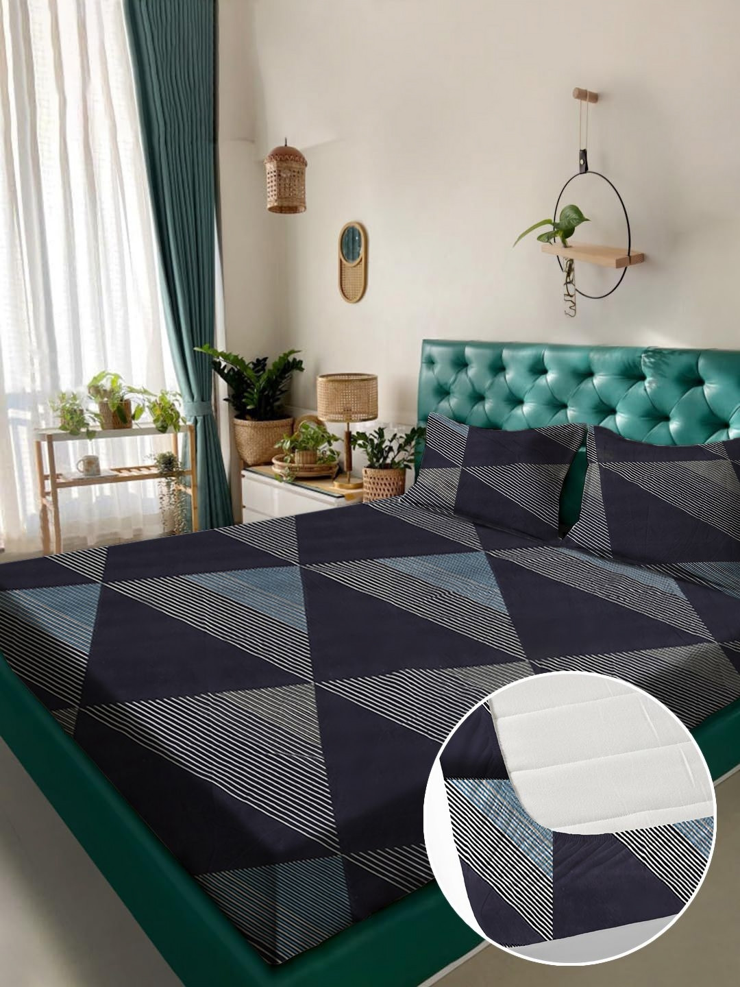 ROSARA HOME Navy Blue Printed 180 TC King Bedsheet Set-2.3 m x 2.0 m