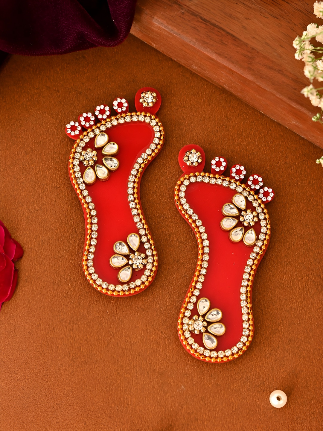 Aapno Rajasthan Red Embellished Decorative Kundan Work Wooden Laxmi Charan