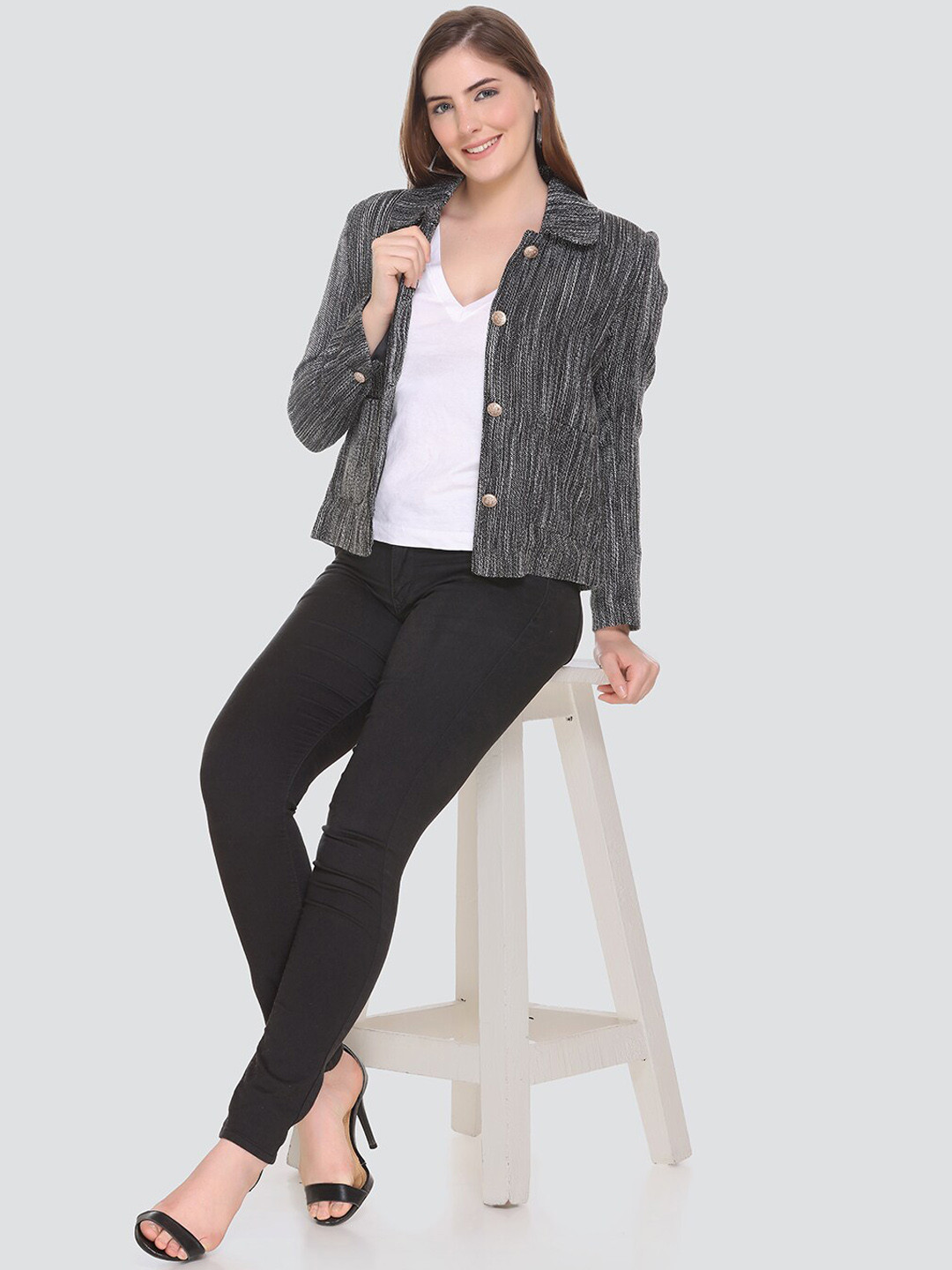 HONNETE Women Black & White Self-Design Acrylic Pea Coats