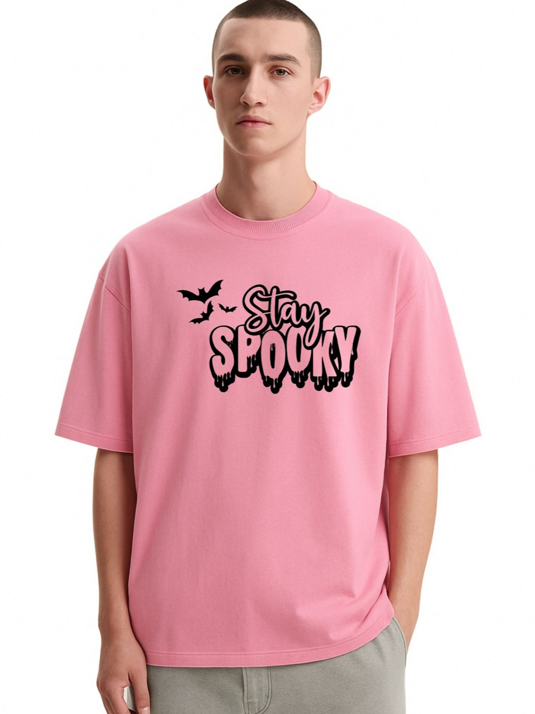 Fashnobic Men Dri-FIT Trendy Stay Spooky Printed Round Neck Cotton Oversized T-shirt