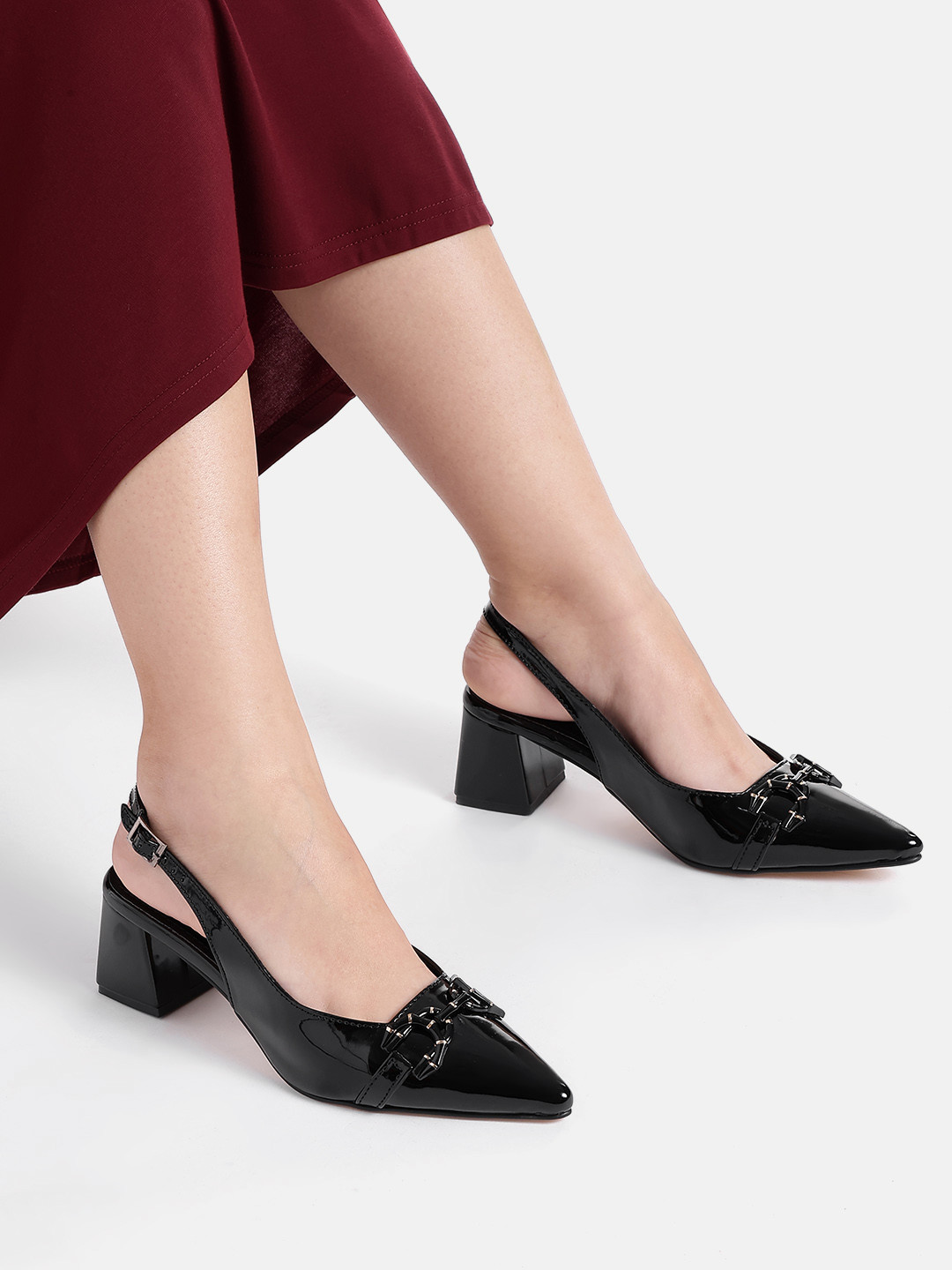 AXIUM Slingback Pumps Block Heels with Buckle Detail