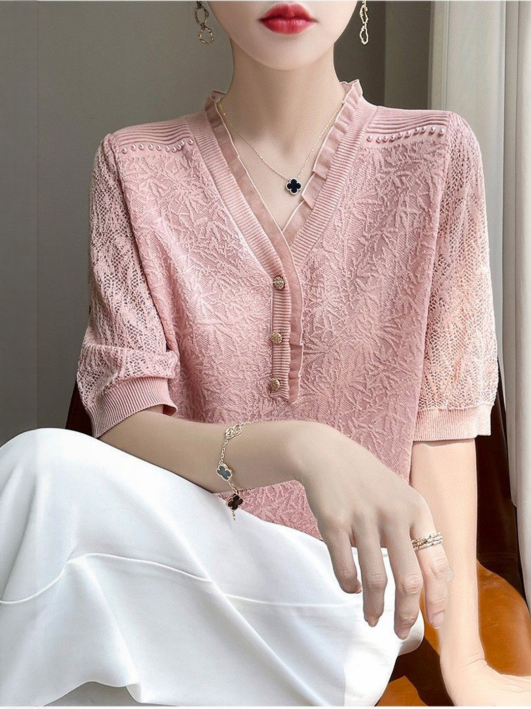 Mast & Harbour Women Viscose Rayon Ruffles V-Neck Three-Quarter Sleeves Top