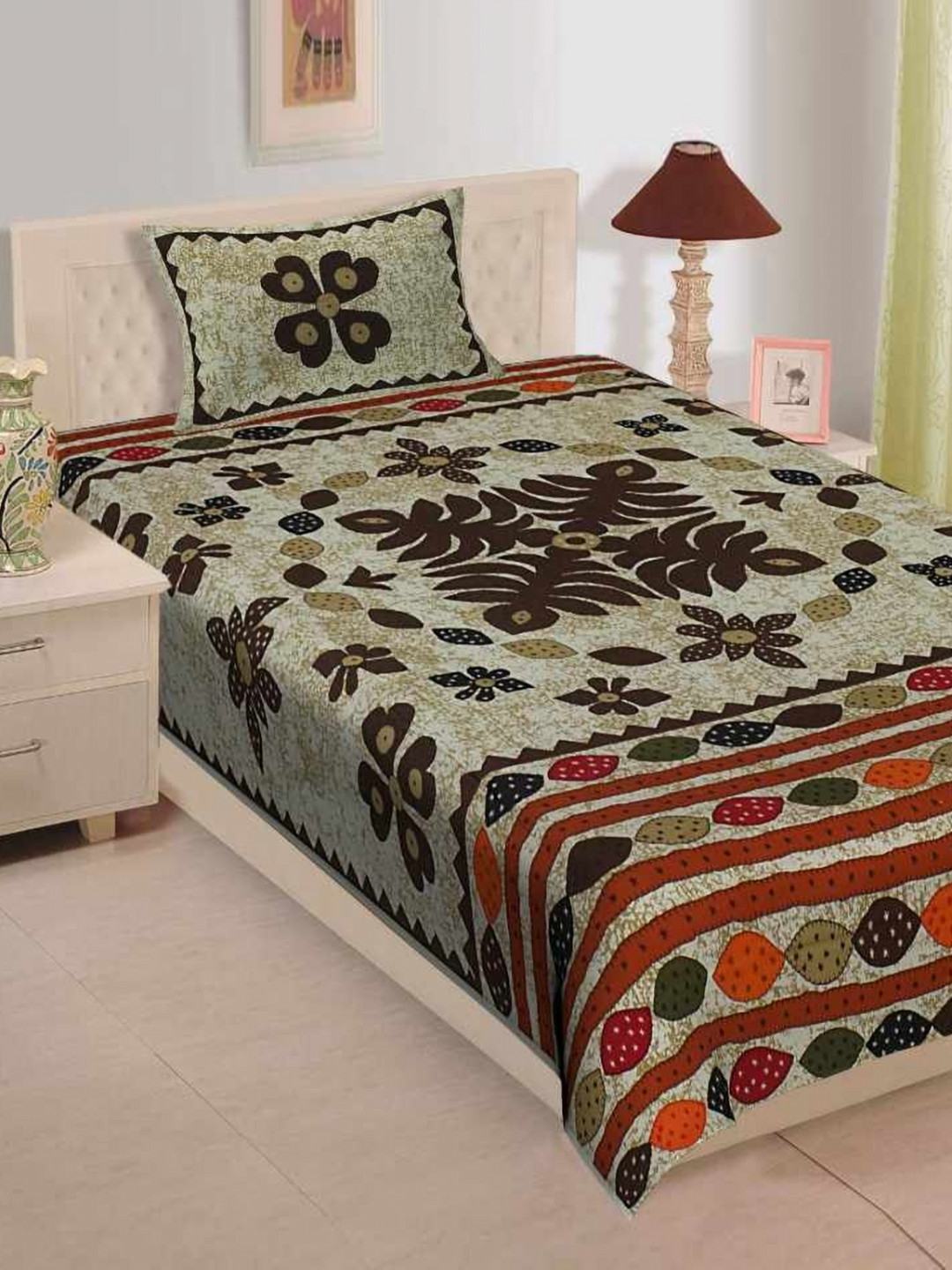 ABHACLOTHO Brown & Red Floral Printed Pure Cotton 120 TC Single Bedsheet Set 2.5m x 1.5m