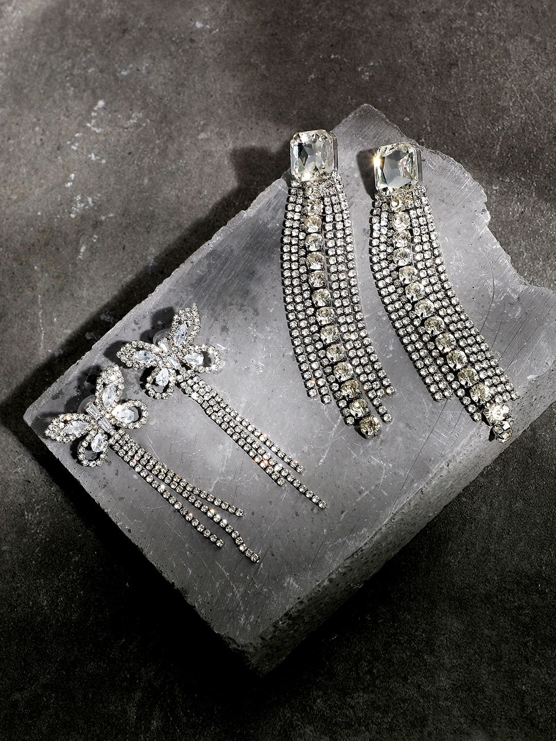 SOHI Set Of 2 Silver-Plated Crystal Butterfly Shaped Bijou Drop Earrings