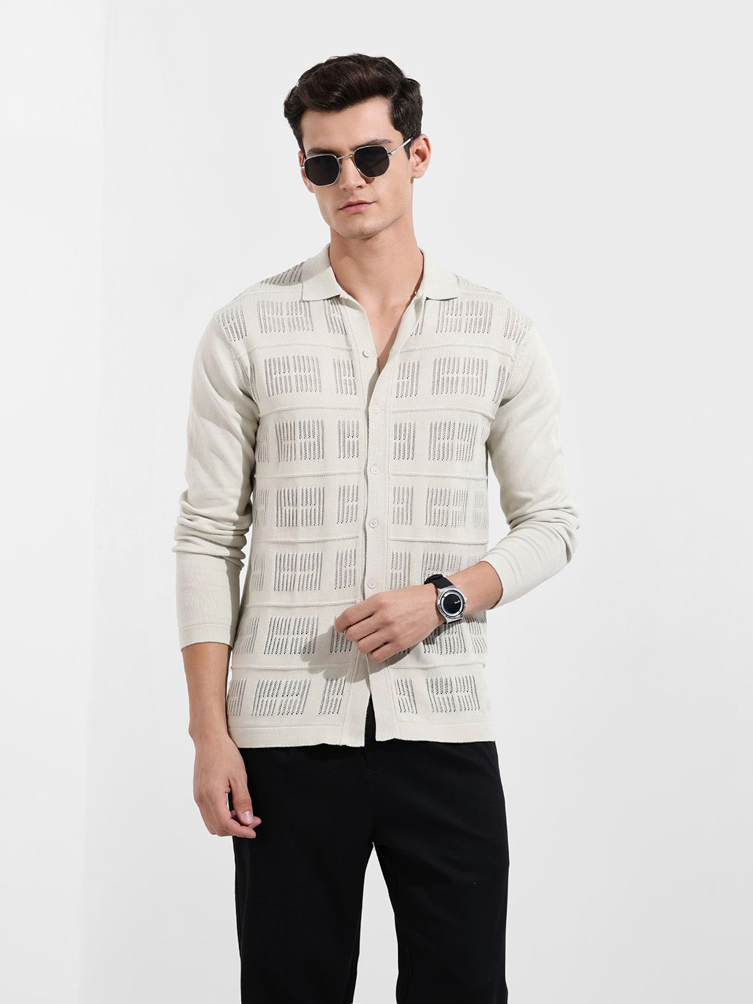 The Indian Garage Co Slim Fit Self Design Semi Sheer Pure Cotton Casual Shirt