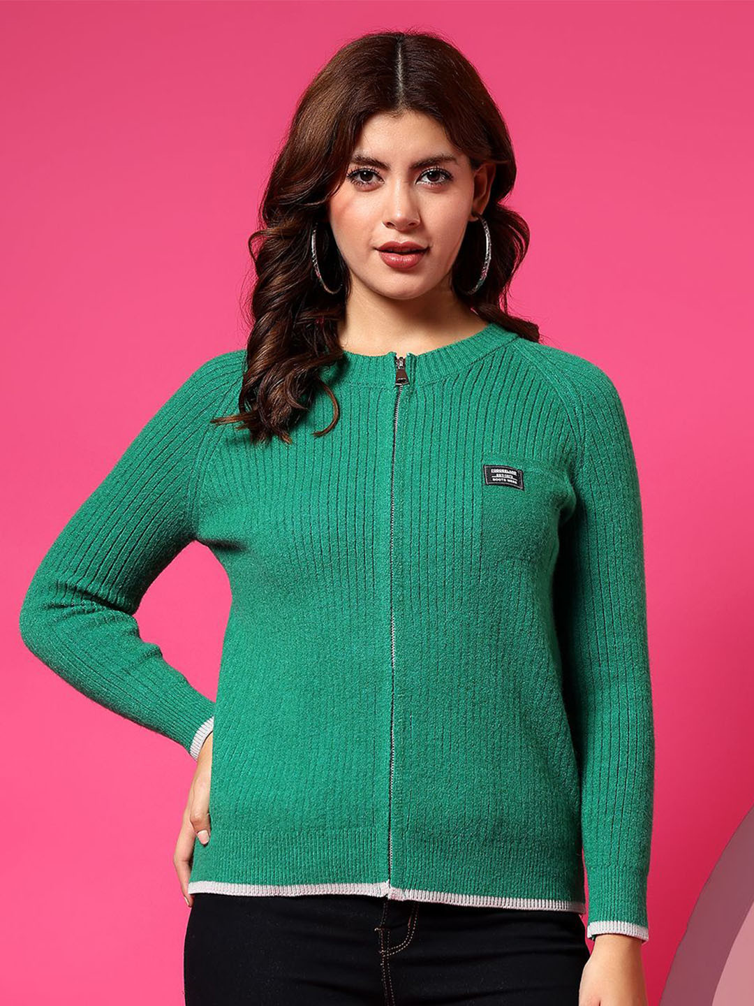 POPCULTR Women Self Design Mock Collar Front Open Sweater