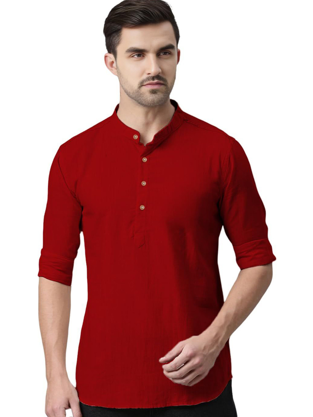 granthy Men Mandarin Collar Roll-Up Sleeves Short Kurta