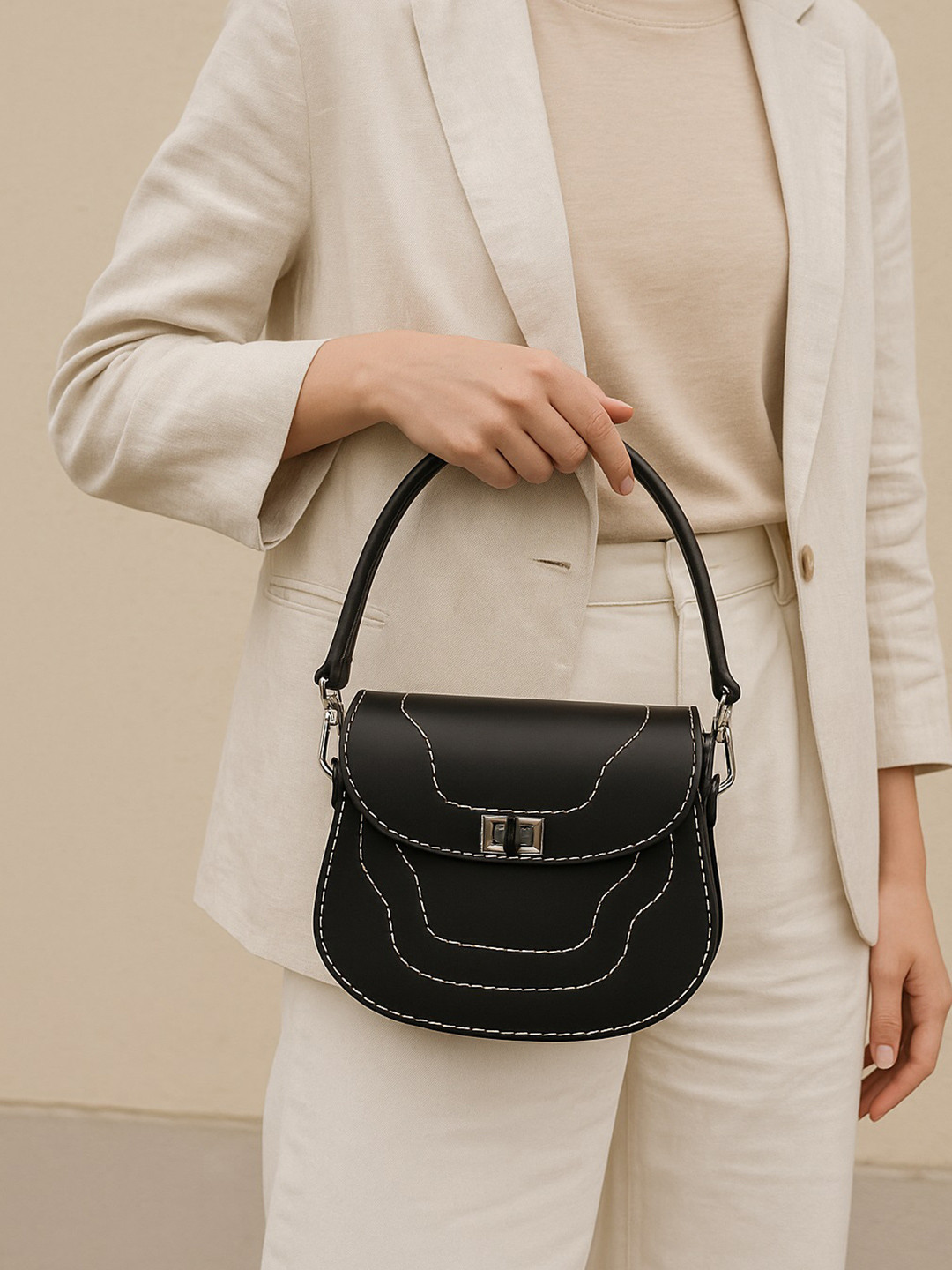 Celtic Women Black Solid Structured Leather Handheld Bag Twist Closure