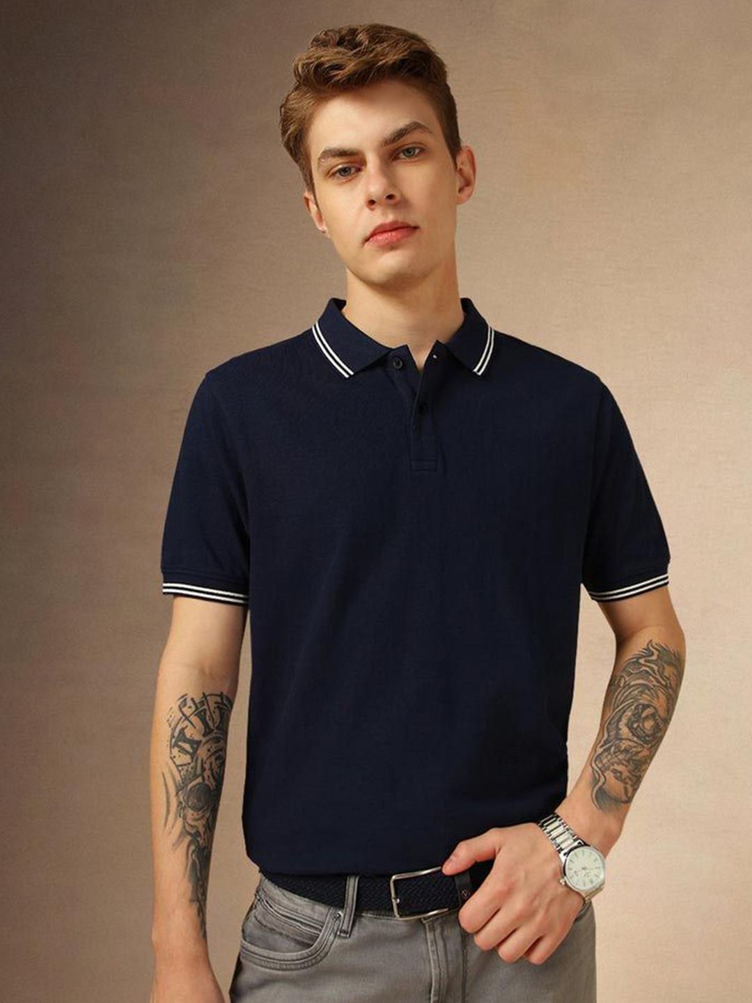 TIGER SNAKE Men Solid Polo Collar Cotton T-shirt