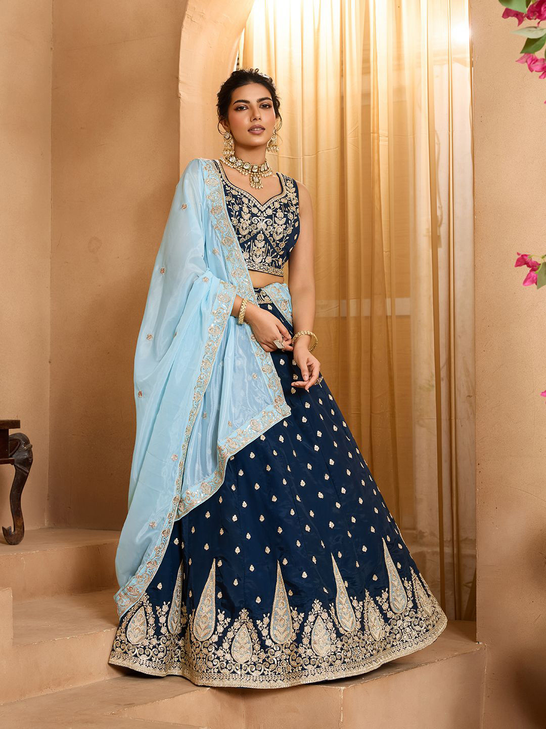 panchhi Navy Blue Organza Fabric Sequins Embroidery Semi-Stitched Lehenga Choli