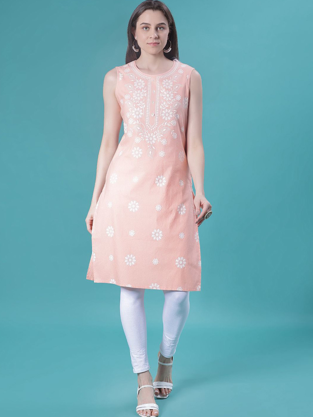 V-Mart Floral Printed Round Neck Sleeveless Chikankari Straight Cotton Kurta