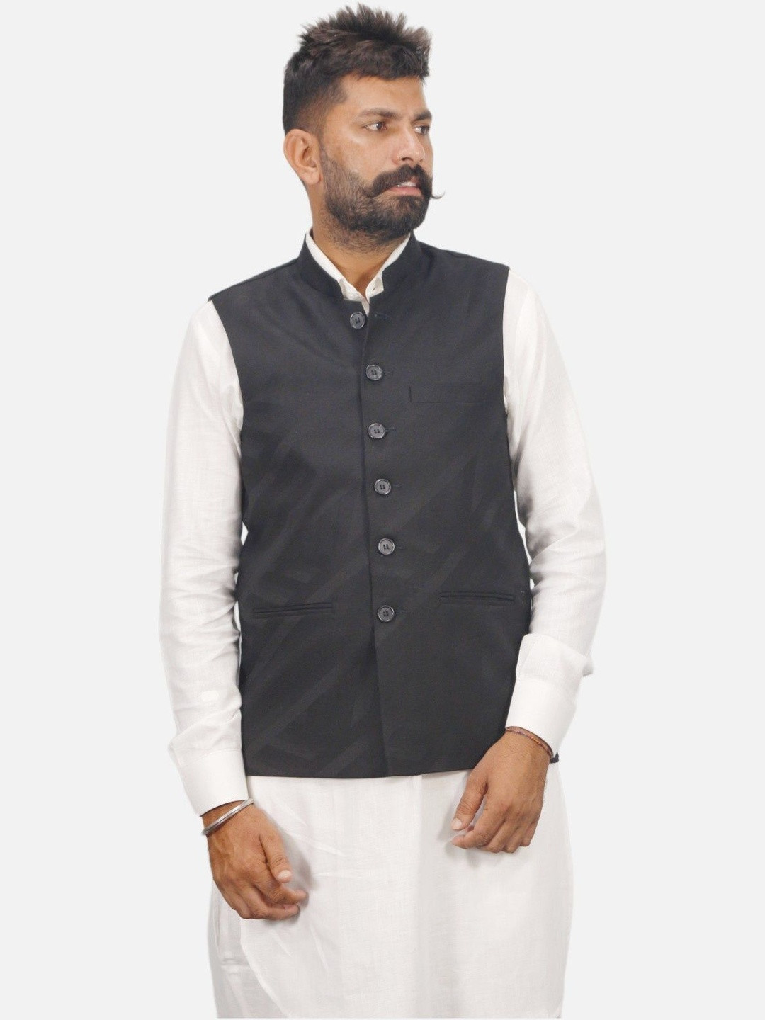 GARGIAN Master Cut Men Black Solid Cotton Mandarin Collar Long Sleeves Jackets
