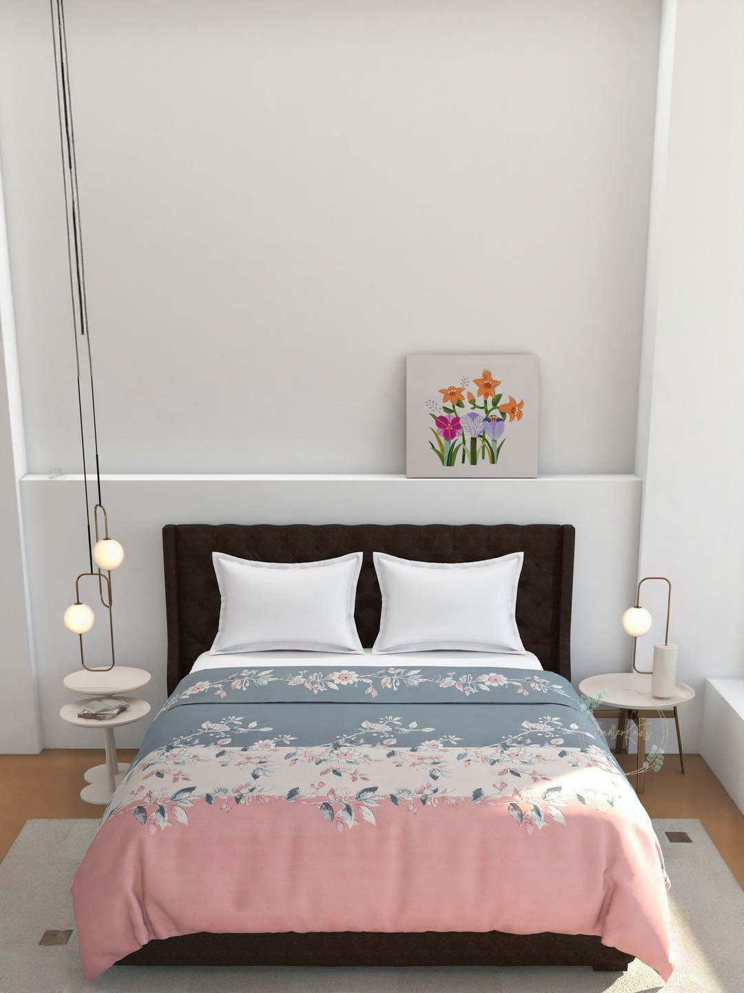 TINDLER KNOTS Grey & Pink Printed 280TC Cotton Double Duvet Cover