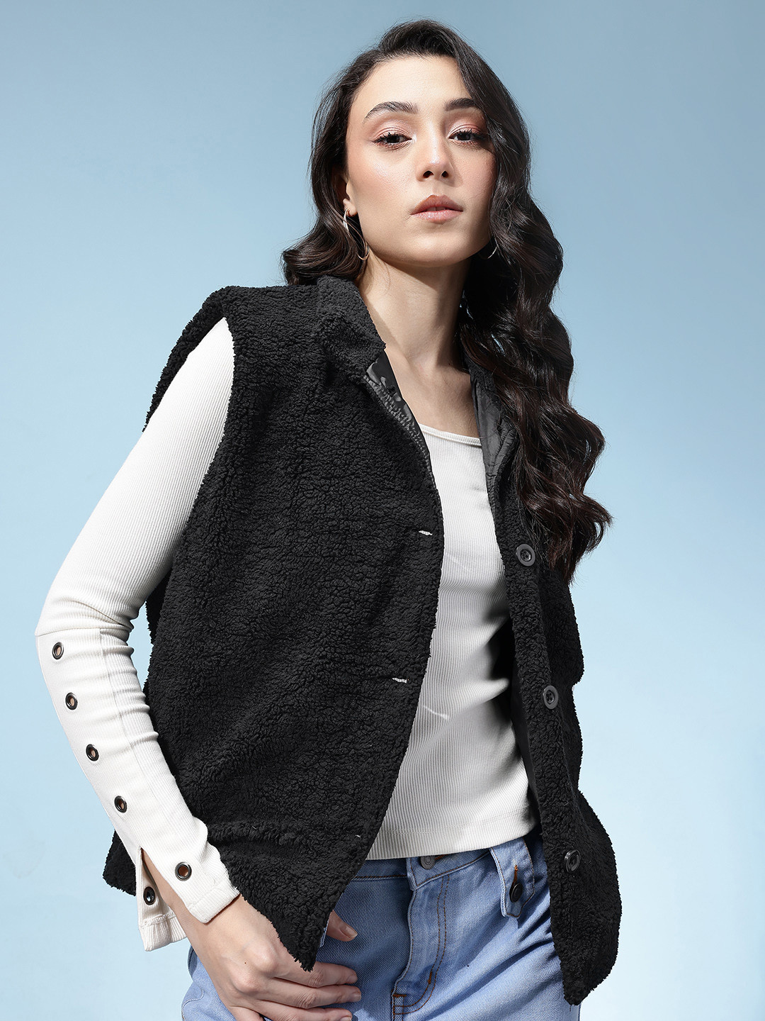 glitchez Spread Collar Sherpa Relaxed Fit Button-Down Gilet Jacket