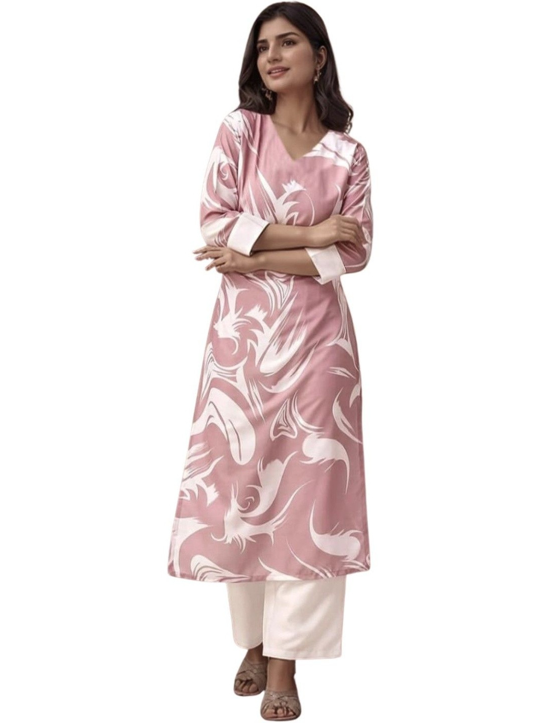 FLUXUS Abstract Printed V-Neck Straight Kurta With Palazzos