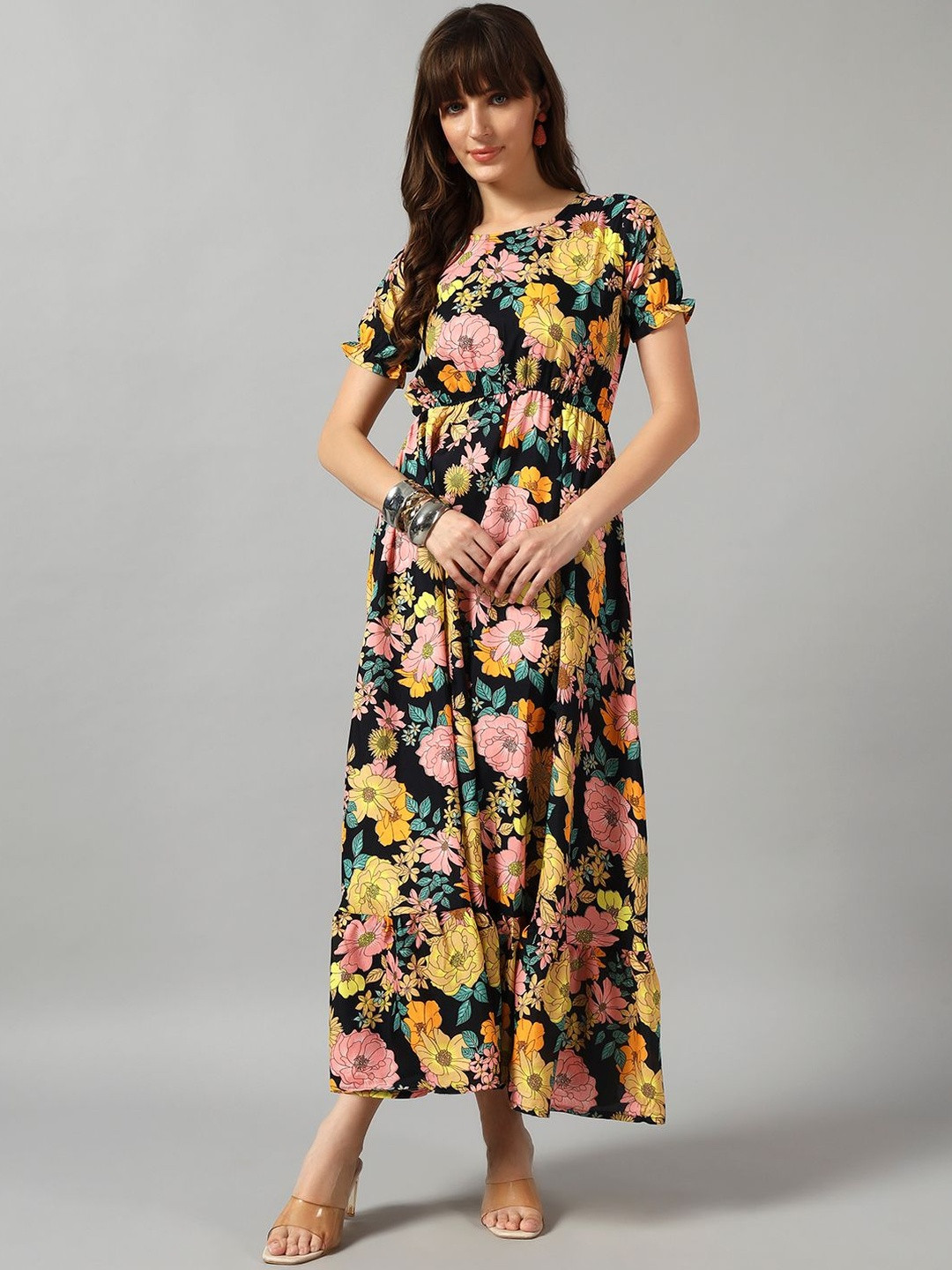 Jash Creation Women Yellow Printed Round Neck Tiered Long Dress Flared Maxi Kurti