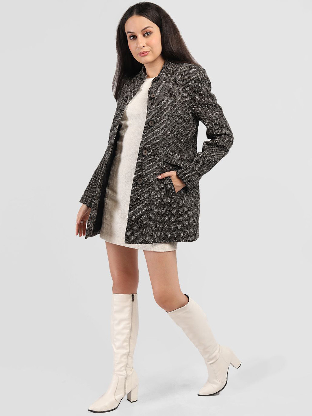 HONNETE Women Stand Collar Single-Breasted Duffle Coat