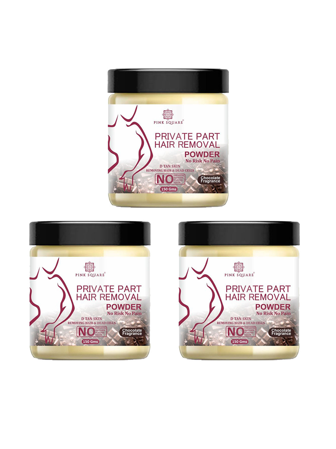 Pink Square Set Of 3 Chocolate Flavour Bikini Hair Removal Powder - 150 g Each