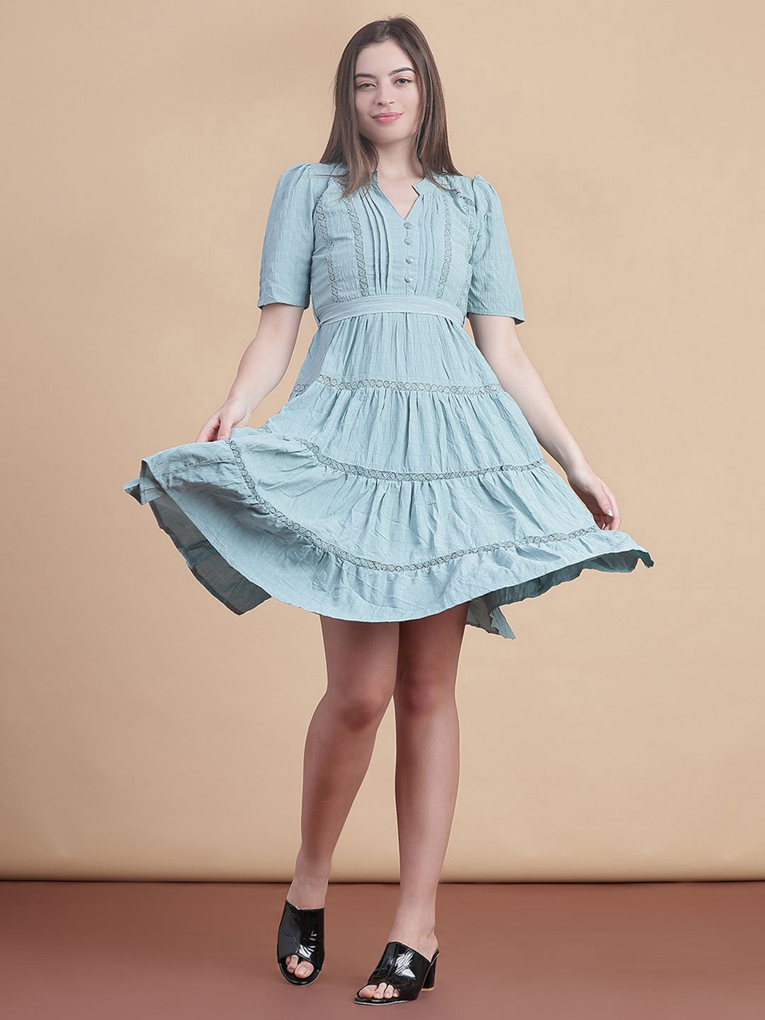 V-Mart Puff Sleeve Tiered Fit & Flare Cotton Dress