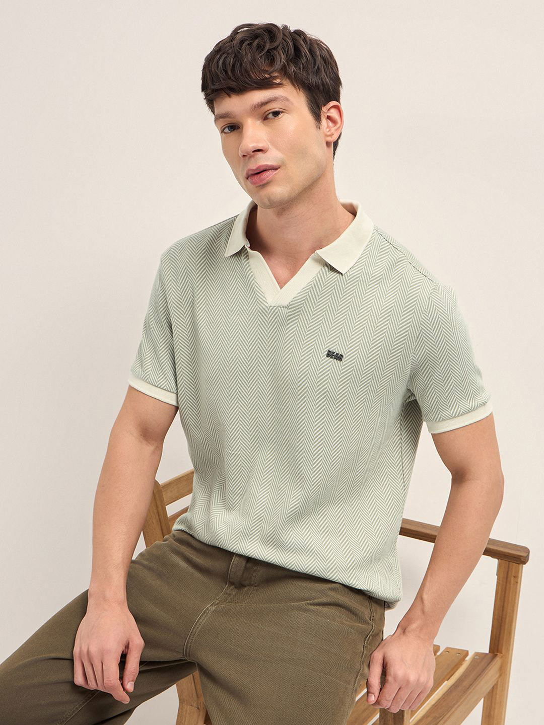 THE BEAR HOUSE Chevron Self Design Polo Collar Pure Cotton T-Shirt