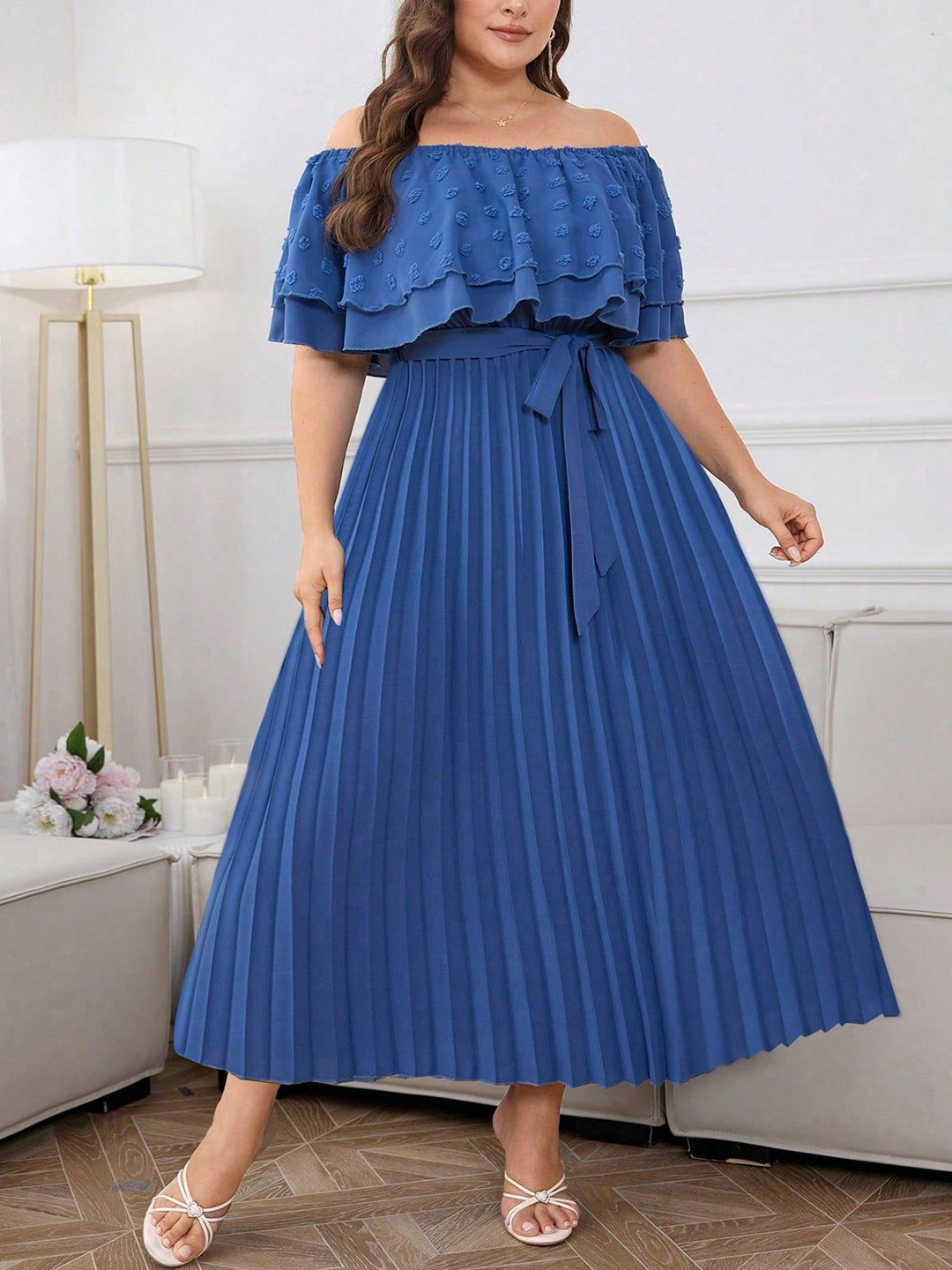 DressBerry Curve Self Design Off-Shoulder Neck Flared Sleeve Fit and Flare Midi Dress