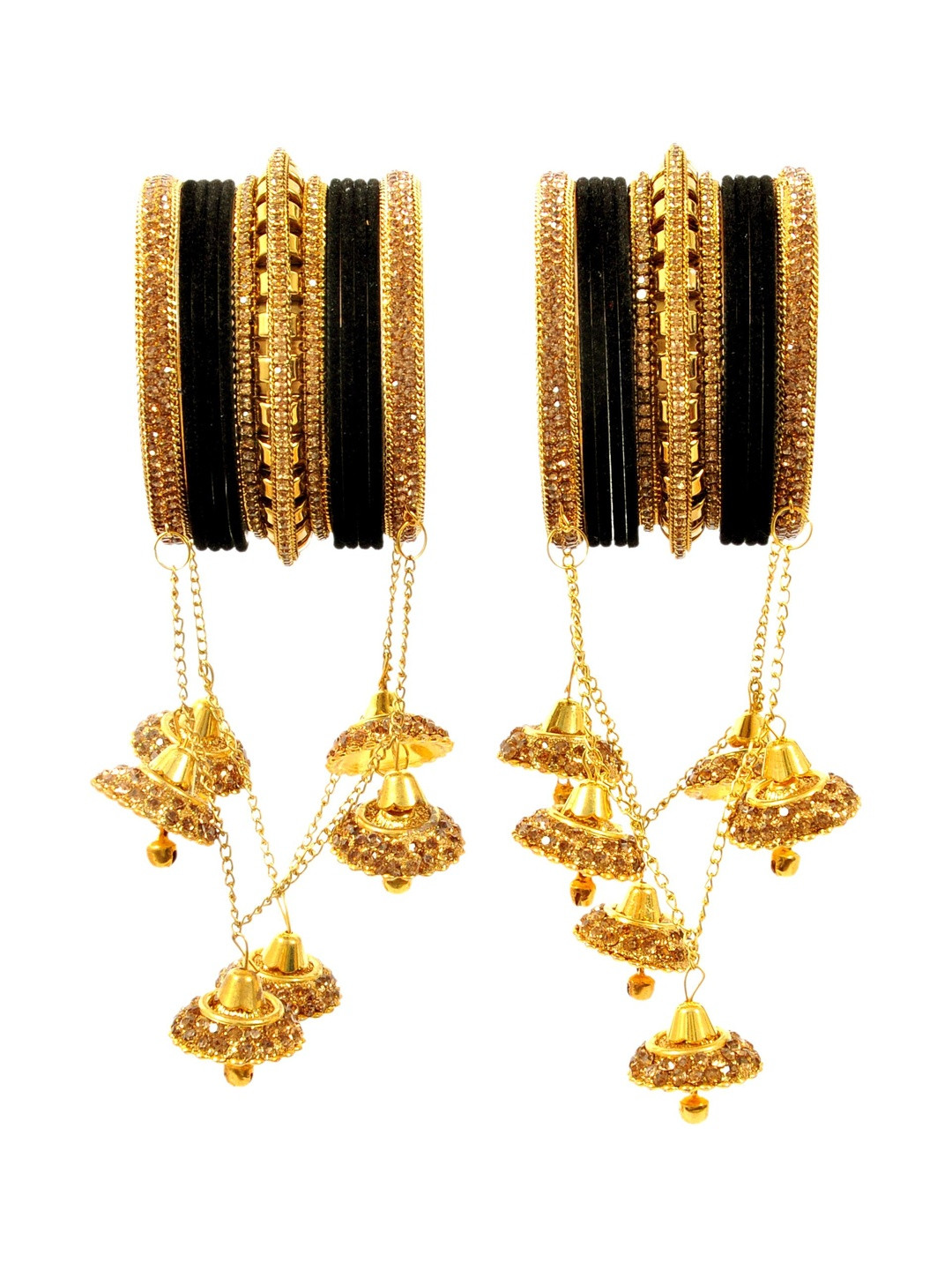 RIJOLI Women Black & Gold Latkan Velvet Metal Bangles set