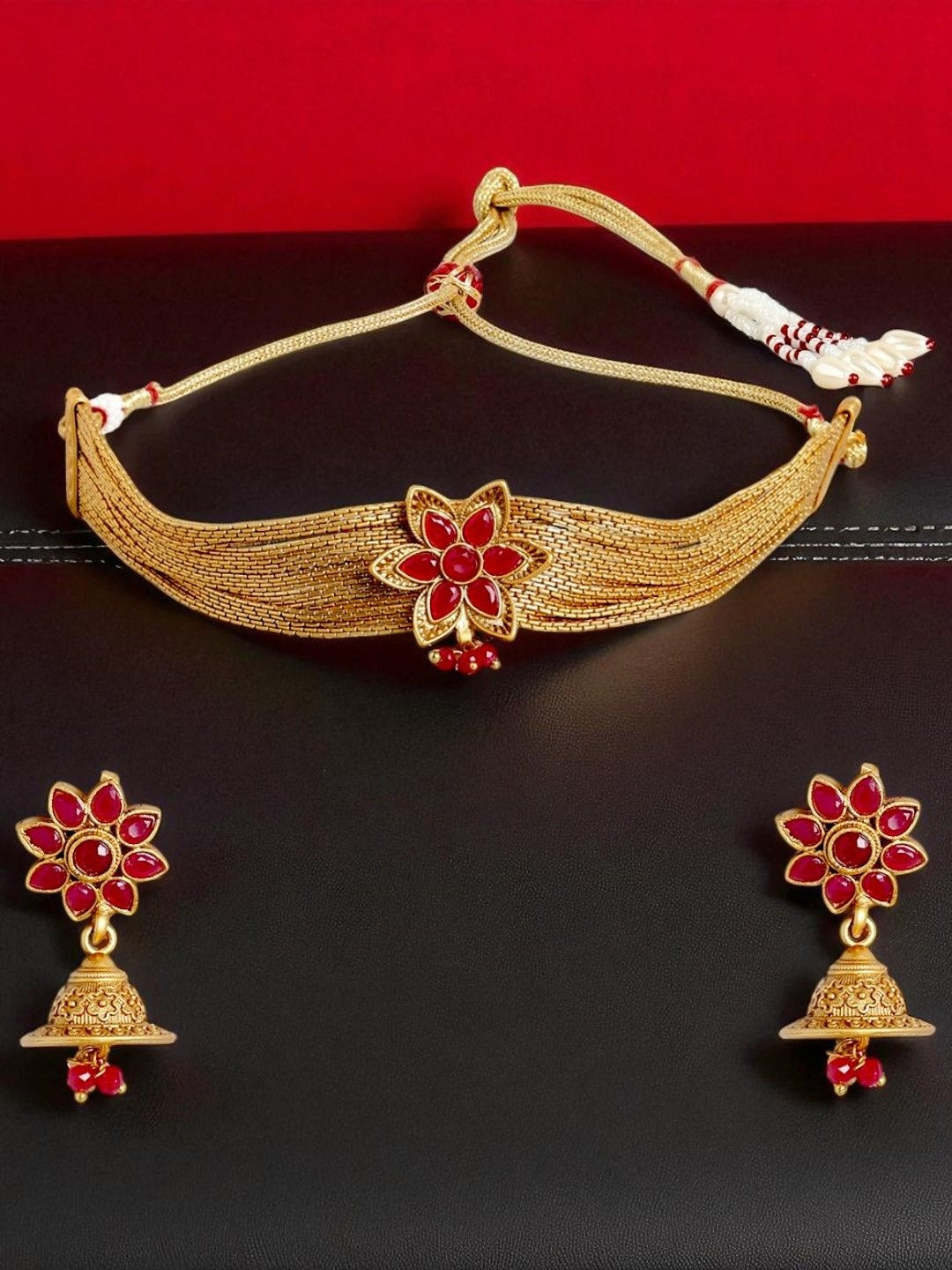 Anxvi Women Gold Plated Brass Flower Design Pink Stone Choker Jewellery Set