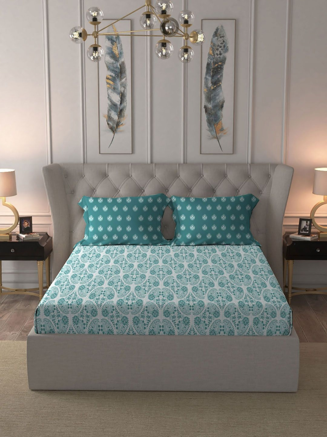 HOME ELEGANCE by MYTRIDENT Teal & White Ethnic Motifs 120 TC Queen Bedsheet with 2 Pillow Covers