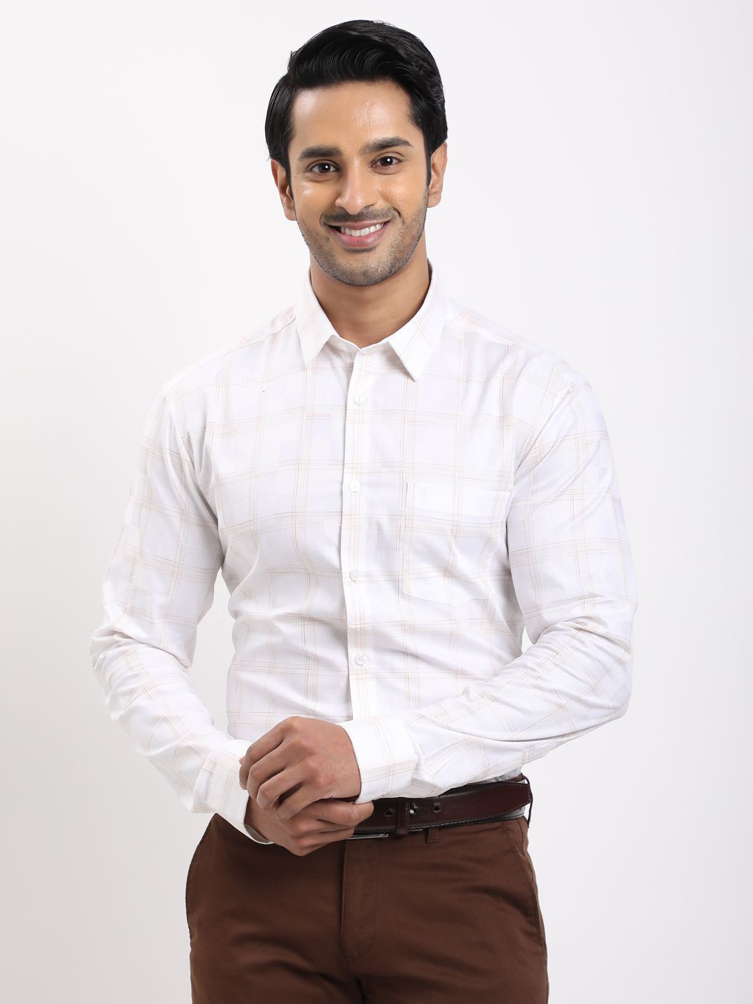 Indian Terrain Plus Size Classic Slim Fit Checked Spread Collar Cotton Formal Shirt