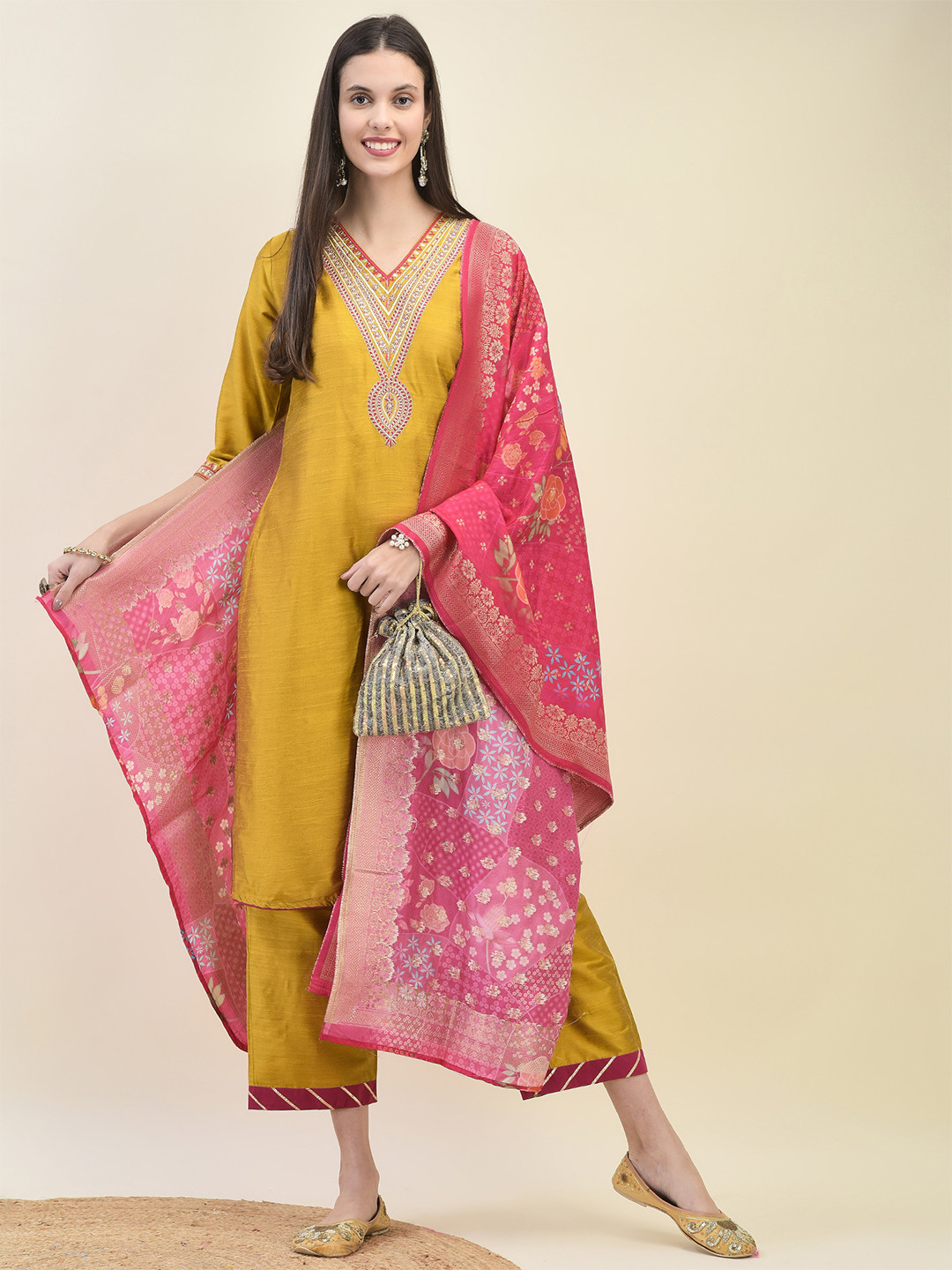 Shree Floral Yoke Design Thread Work Jacquard Weave Straight Kurta with Trousers & Dupatta