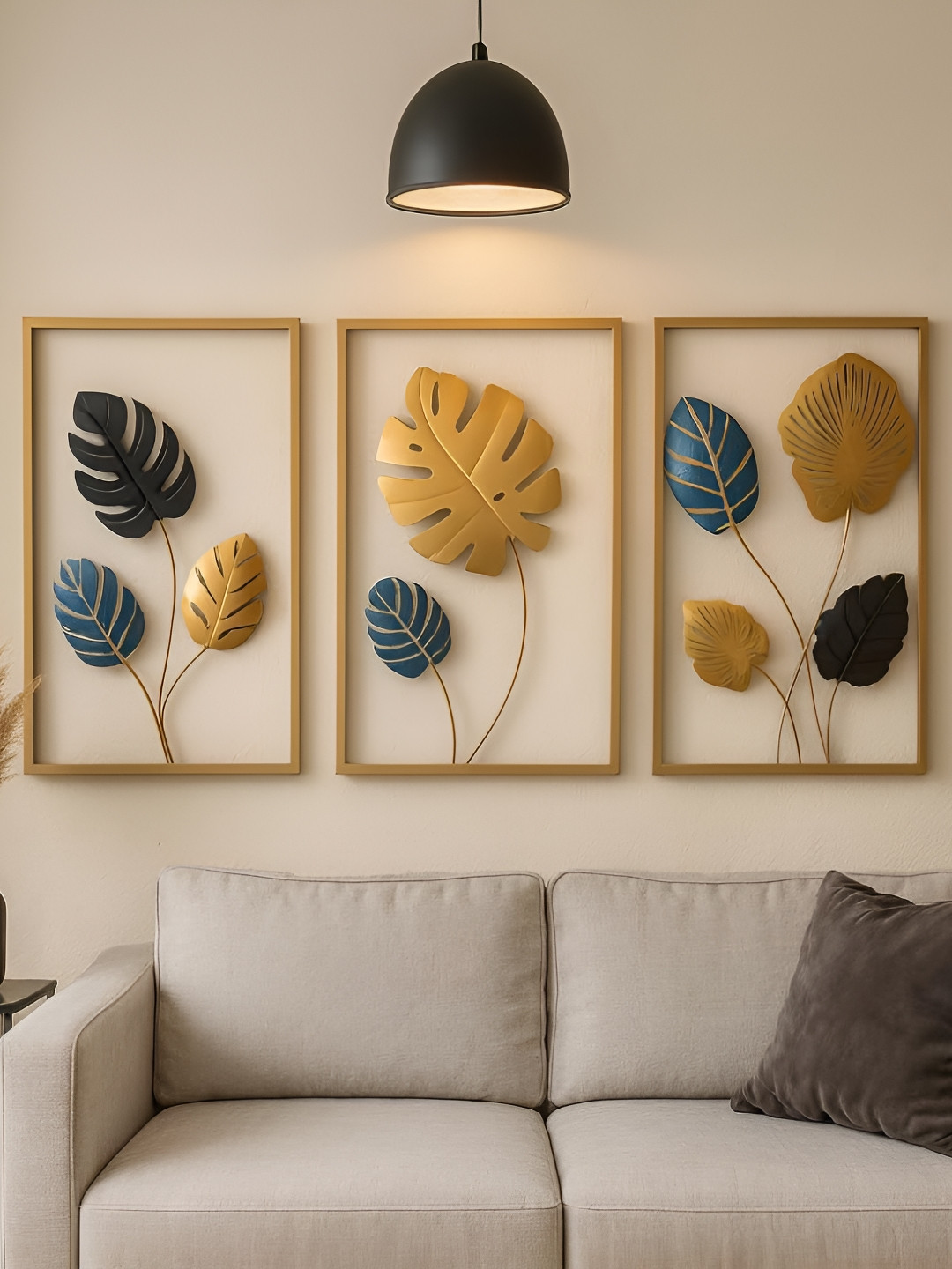 PRANJALS HOUSE Blue & Yellow 3 Pcs Monstera Leaf Frame Wall Hangings