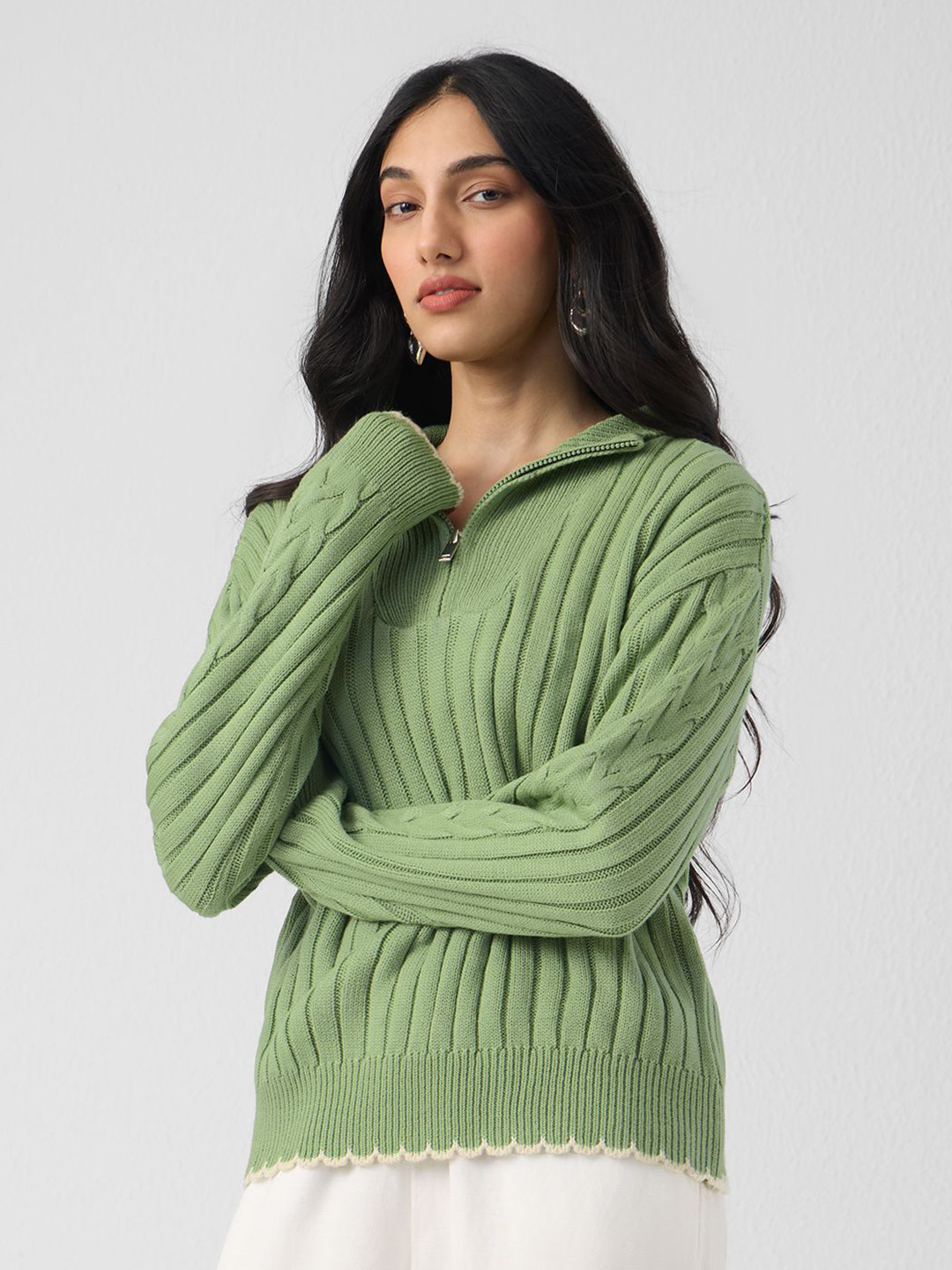 The Souled Store Soft Sage Women High Neck Solid Acrylic Oversized Fit Sweaters