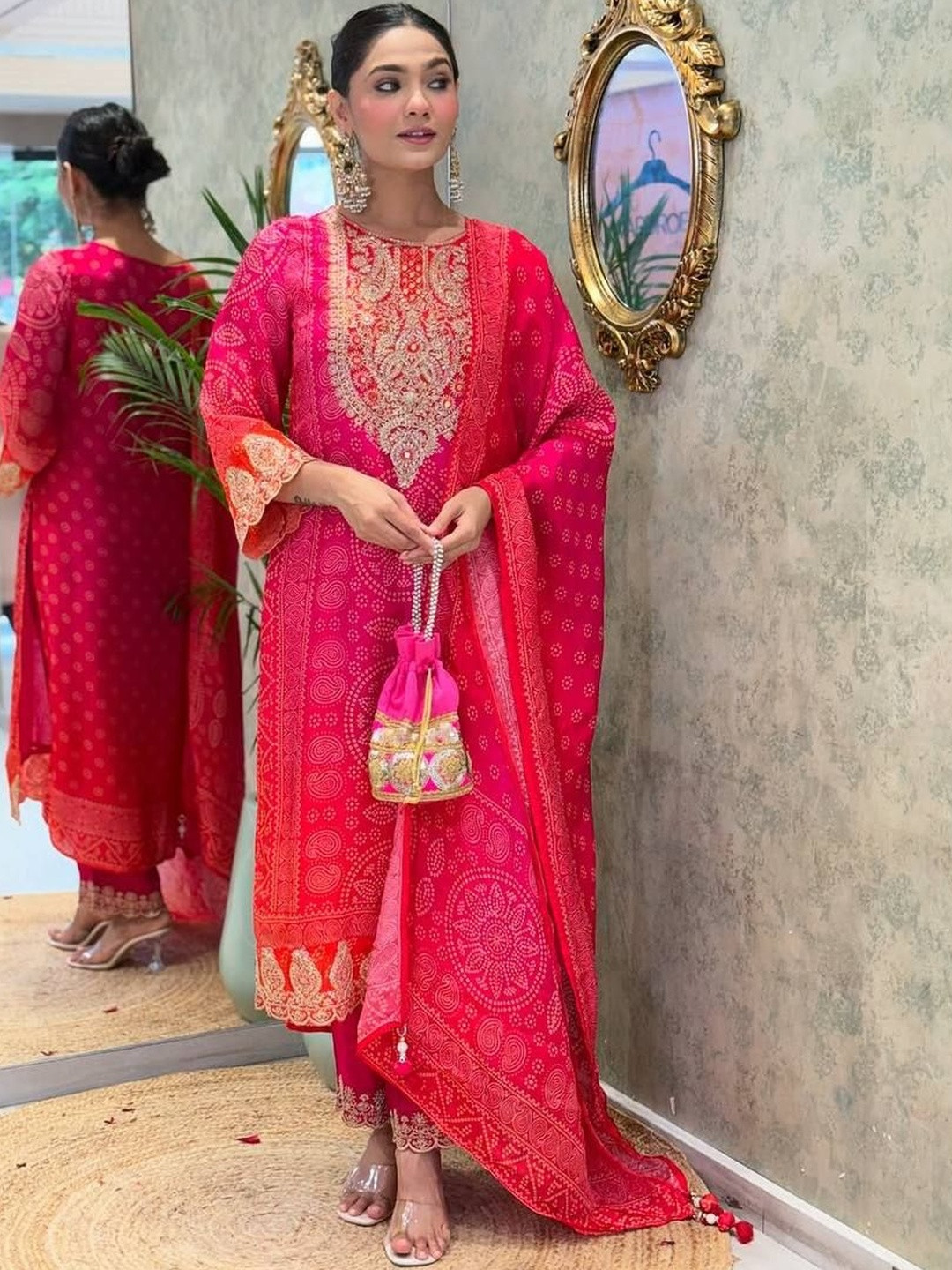 Brand Hill Women Ethnic Motifs Printed Silk Crepe Kurta with Churidar & Dupatta