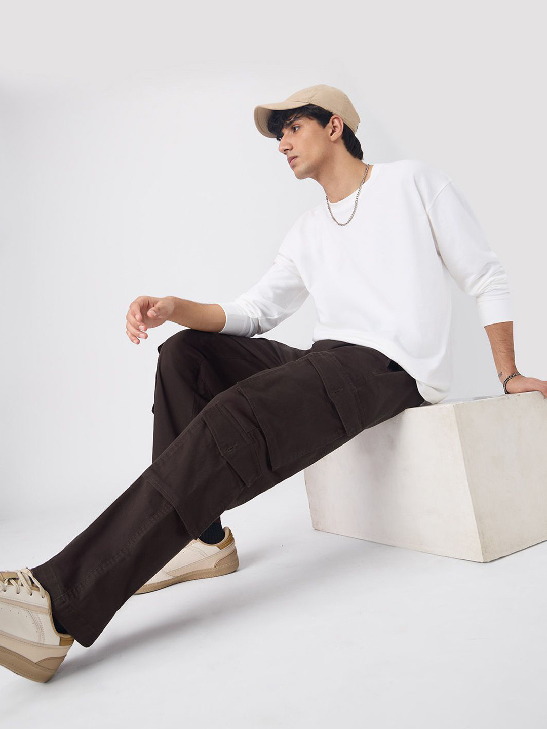 The Souled Store Men Espresso Straight Fit Cargos Trousers