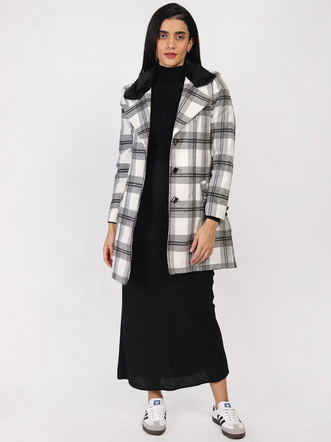 HONNETE Women Checked Single-Breasted Winter Coats